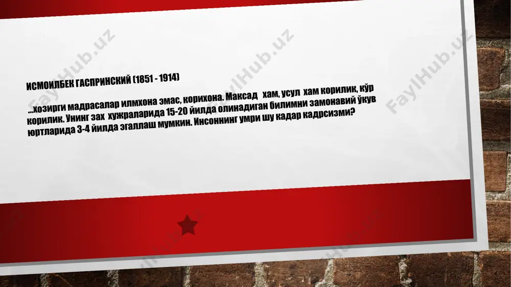 улмонларини ҳимоя этган. ҳижрий 1297, милодий 1880 санасинда қиримнинг мусулмон мадрасасинда русча муаллим тайинлангандурлар. 1883 милодия 10 апрелдан бошлаб мўътабар «таржумон» ғарро жаридасини миллати ислом ва турклик хизмати учун чиқарган, ва мусулмонларни нодон қисми тарафидан изо ва жафолар чеккан. қашшоқлиги сабабли ўзи ва хотини ила «таржумон» ни ёзмоқ, тартиб этмоқ, ҳарф термоқ ва почтаға топширмоқ тўғрисиндаги оғир ишларни ишлаган ва ҳатто, баъзан босмахонанинг мошина чархини ўзлари куч ва қўл ила айлантурған. ва ҳар нав меҳнат ва кулфатларни ўзиға раво кўруб миллатни уйғотмоқға, дунёдан, сиёсати оламдан, маданий миллатларни ҳолидан хабардор бўлмоқлари учун жисман ва руҳан ҳеч тинмасдан 35 сана ишлагандурлар. хулоса, исмоилбек ҳазратлари сулс асрдан зиёда айём тадрисинда милйўнлар ила мусулмонларға доимо дарс берди. энди илалабад анинг афкори ва руҳи ададсиз ва ниҳоясиз мусулмонларға дарси урфон берар… хулоса, русия мусулмонлари ичинда мундай бир зот келган йўқдур. ана ушбу зоти ноёб ушбу сана бешинчи зулқаъда — 12 сентябрда бу олами фонийдан рихлат …