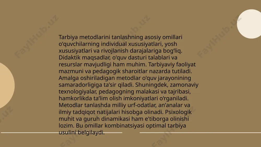 iladi. har bir sinf uchun o‘quv reja va kalendar reja ishlab chiqiladi. tarbiyaviy ishlar natijalari sifat ko‘rsatkichlari orqali o‘lchanadi, masalan, o‘quvchilar faolligi, intizomi va ishtiroki. rejalashtirishda o‘quvchilar soni, mavjud sharoitlar va tarbiyaviy ish amaliyoti hisobga olinadi. mahalliy va xalqaro miqyosdagi tadbirlarda qatnashish ham rejalarga kiritiladi. tarbiyaviy ish rejalari pedagoglar tomonidan ishlab chiqilib, ma'muriyat tomonidan tasdiqlanadi. ... t.me/slaydai_bot tarbiya metodlarining samaradorligini baholash uchun bir nechta mezonlar ishlatiladi. tarbiyaviy jarayon natijalarini tahlil qilishda o'quvchilarning bilim darajasi, axloqiy rivojlanishi va ijtimoiy faolligi muhim rol o'ynaydi. o'qituvchilar orasida so'rov o'tkazish, o'quvchilarning darsdagi ishtirokini kuzatish va baholarini statistika usulida tahlil qilish samaradorlikni aniqlashda yordam beradi. ilmiy tadqiqotlar shuni ko'rsatadiki, samarali metodlar qo'llanilganda o'quvchilarning bilim darajasi 15-20% ga oshadi. shu bilan birga, ijtimoiy va axloqiy rivojlanish ko'rsatkichlari 10-15% ga yaxshilanadi. bu holatlarda tarbiya metodlari muvofiqligi va innovatsion yondashuvlar alohida ahamiyat kasb etadi. tarbiya metodlarini tanlab olish shartlari pedagogika norboboyeva mahliyo e'tiboringiz uchun raxmat! image1.png image2.png image3.png …
