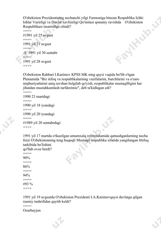 o'zbekiston respublikasining davlat mustaqilligi asoslari to'g'risida" gi qonuni necha moddadan iborat? ==== 34 ==== #17 ==== 44 ==== 16 ++++ konstitutsiyaviy komissiyaning 1991 yil 12 aprelda bo'lgan yig'ilishida komissya a'zolari hamda yetakchi mutaxasislar va olimlardan iborat necha kishilik ishchi guruh tuzildi? ==== #64 ==== 50 ==== 32 ==== 6 ++++ 24. o'zbekiston respublikasi konstitutsiyasining loyihasi ikkinchi marotaba matbuotda qachon e'lon qilingan? ==== 1992 yil 26-sentabrda ==== 1992 yil 28 oktabrda ==== #1992 yil 26-noyabrda ==== 1992 yil 8 dekabrda ++++ 25. o’zbekiston respublikasi konstitutsiyasini mohiyatini ochib beruvchi nechanchi tamoyil demokratiyaga sodiqlik g'oyasini ilgari suradi? . ==== l ==== 2 ==== 3 ==== #4 ++++ o’zbekiston respublikasi konstitutsiyasining nechanchi moddalarida xalq davlat hokimiyatining birdan bir manbayi ekanligi aytib o'tiladi? ==== 76-88 moddalarida ==== 1-6 moddalarida ==== 18-52 moddalarida ==== #7-14 moddalarida ++++ qaysi qatorda xatolikka yo'l qo'yilgan? ==== o'zbekiston respublikasi konstitutsiyasining 15 moddasida o'zbekiston respublikasi konstitutsiya va qonunlarining ustunligi sozsiz tan …