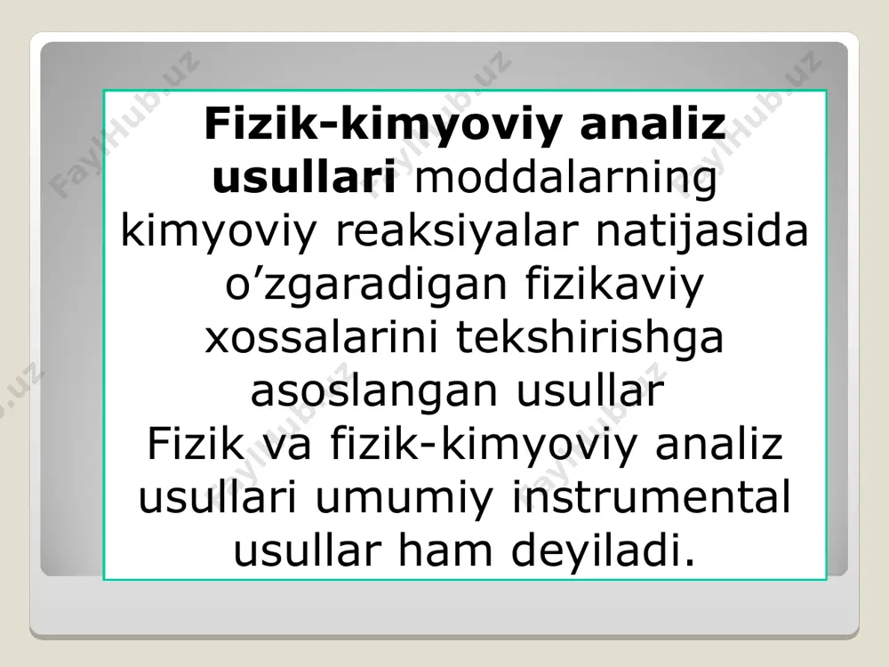 simob va kalsiy oksalatidagi elektrodini misol qilib keltirish mumkin. uning potensiali ikkinchi metall ionining aktivligi bilan belgilanadi. masalan, uchinchi tur elektrodlaming qaytarlik darajasi yuqori va ular elektrod metaliga nisbatan begona bo’lgan kationlami aniqlash uchun indikator elektrod sifatida ishlatiladi. mustahkamlash uchun savollar: fizik usullar deb qanday usullarga aytiladi? instrumental usullar qanday usullar, nima uchun bunday atalgan? fizik va fizik- kimyoviy usullar nechaga bo’linadi? elektr kimyoviy usullarning o’ziga xos tomonlarini tushuntiring. polyarografiya usulida nimalarni aniqlsh mumkin?