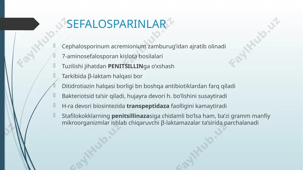 ringologik infeksion kasalliklarni buyrak va siydik-jinsiy yo’llarining infeksion kasalliklarini (piyelit, sistit, o’tkir va surunkali piyelonefrit, prostatit, epididimit) asoratlanmagan gonoreyani va jinsiy yo’l bn yuqadigan boshqa infeksiyalarni (yumshoq shankr va zahm) layma kasalligi (spiroxetoz) jarrohlik operatsiyalaridan so’ng kelib chiqadigan infeksiyalarni oldini olish uchun ham qo’llaniladi chiqarish shakli: 0,5 yoki 1,0 gr flakonlarda (lidokain novo bn komplekt ham) “novozinaf” (sefuroksim na tuzi) – 2 avlod sefalosparin, perenteral spetsifik mikroorganizmlar chaqirgan infeksion yallig’lanish kasalliklariga qarshi ishlatiladi o’tkir va surunkali bronxit, infeksiyalangan bronxoektaz, bakterial pnevmoniya, o’pka abssessi abdominal va ginekologik infeksiyalar lor infeksiyalar (sinusit, tonzillit, faringit, o’rta otit) siydik chiqarish yo’llari infeksiyalari teri va yumshoq to’qimalar infeksiyalari suyak bo’g’im infeksiyalar sepsis, meningit, endokardit, peritonit, gonoreya qorin bo’shlig’i kichik, chanoq, yurak, o’pka, qizilo’ngach, tomirlar, ortopedik operatsiyalardan kngi infeksion asoratlarni oldini olishda ch shakli: kukun 0,75 gr dan shisha flakonlarda “novoklaf” (sefotaksim) image1.png image2.png image3.png