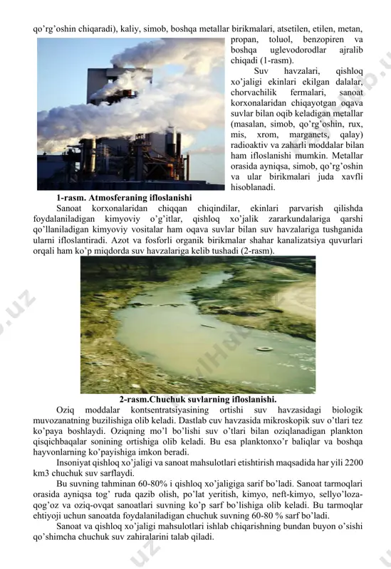 donlarini qisqartirish hisobidan aholi uchun zarur bo’lgan yangi uy joylar va sanoat korxonalarining qurilishi mumkinligi. sanoat ishlab chiqarishning rivojlanishi o’z navbatida biosferaning ifloslanishi, tabiiy resurslarning kamayib borishi bilan bog’liq bo’lgan juda muhim ekologik muammolarni paydo qildi. hozirgi vaqtda ekologik muammolar asr muammosiga aylanmoqda. fan-texnikaning, iqtisodiyotning jadal rivojlanish, antropogen omillarning tabiatga ta’sirining kuchayishi natijasida biosfera ekosistemalarining buzilishi, cho’llashish va sayyoramizda haroratning oshib borishi ko’zatilmoqda (1-jadval). ekologik muammolar t/r global (umumbashariy) regional (mintaqaviy) lokal (maqalliy) 1 chuchuk suv muammolari orol va orolbo’yi muammosi har qanday hududda yuzaga kelgan 2 ozon qatlamining siyraklashishi chuchuk suv muammosi masalan: toshkent shahrida havo avtotransport bilan ifloslanish 3 atmosferaning“dimiqishi” cho’llanish jarayoni 4 pestitsidlardan foydalanish o’simlik va hayvon turlari sonining qisqarishi 5 o’simlik va hayvon turlari sonining qisqarishi pestitsidlardan foydalanish 6 aholi sonining ortishi radioaktiv ifloslanish 7 cho’llanish jarayoni kosmonavtik 8 chiqindilarning ko’payishi insoniyat oldida paydo bo’lgan ekologik muammolaridan faqat tabiiy resurslardan ratsional foydalanish orqali hal etish mumkin. …