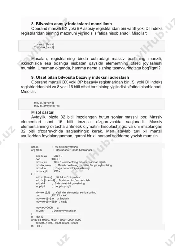 rining mazmuni bo'yicha bajarilishi kerakligini anglatadi, ularning soni orn manzil maydonining kamida muhim uchta bitining n qiymatidir. operatsiyalar registrlarda bajariladi - registrning nomi joriy qiymati ushbu registrni o'z ichiga olgan o'zgaruvchining nomi. registrning bilvosita adreslanishi shundan iboratki, buyruqda ko'rsatilgan registrning mazmuni operatsiya bajarilishi kerak bo'lgan asosiy xotira katakchasining manzili sifatida qaraladi. assembler tilidagi yozuv hozirgina muhokama qilingan to'g'ridan-to'g'ri adreslovchi mnemonikadan oldingi @ bilvosita manzil belgisi mavjudligi bilan farq qiladi. avtoincrementing to'g'ridan-to'g'ri manzillash - aniqrog'i, post-autoincrementing to'g'ridan-to'g'ri - xuddi bilvosita registr kabi, registrning mazmuni operandning manzili sifatida ishlatiladi, lekin keyin bu tarkib bayt manzillashda bitta qo'shish va ikkita qo'shish orqali oshiriladi. so'z bilan murojaat qilish holati. bu adreslash massivlar va jadvallarni qayta ishlashda ayniqsa samaralidir. bundan tashqari, u quyida muhokama qilingan avtomatik pasaytirish manzili bilan birgalikda steklarni osongina dasturlash imkoniyatini beradi. avto-o'sish bilvosita manzillash keyingi o'sish bilan bir xil tarzda amalga oshiriladi, lekin registrning mazmuni to'g'ridan-to'g'ri manzil sifatida emas, balki operandning …