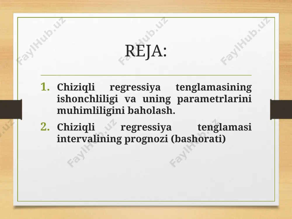 liklar ham ta’sir etadi. shuning uchun “a” va “b” parametrlarni hisoblashdagi standart xatoliklar lar aniqlaniladi. 2.chiziqli regressiya tenglamasi intervalining prognozi (bashorati) regressiya koeffitsientining tasodifiy xatoligi quyidagi formula bilan aniqlaniladi: x regressiya tenglamasining parametri tasodifiy xatoligi quyidagi formula bilan aniqlaniladi: chiziqli korrelyatsiya koeffitsientining tasodifiy xatoligi esa quydagi formula asosida aniqlaniladi: regressiya tenglamasi parametrlarining statistik ma’nodorligini baholash styudent- t kriteriyasi yordamida ham amalga oshirilishi mumkin (erkinlik darajasi soni n-2 va a=0,05 bo’lganda t belgining jadval qiymatlari styudent taqsimoti jadvalidan topiladi). unda quydagilar hisoblanadi; agar belgining topilgan asl qiymatlari uning jadval qiymatidan katta bo’lsa (ya’ni “a’’ va “b’’ parametrlar statistik ma’nodor hisoblanadi. ‘’a’’ parametrning tasodifiy hatoligi ham xuddi shu tartibda baholanadi. chiziqli korrelyatsiya koeffitsentining tasodifiy xatoligini baholashda sharoitdan foydalanamiz. regressiya tenglamasi “a” va “b” parametrlarining topilgan qiymatlaridan foydalanib va parametrlarning ishonchlilik intervallarini topish mumkin. ular uchun ishonchlilik intervali quyidagicha aniqlaniladi: regressiya tenglamasi asosida bashorat qilinganda tenglamaga ‘x’ o’zgaruvchining xb bashorat qiymati qo’yilib ‘y’ …
