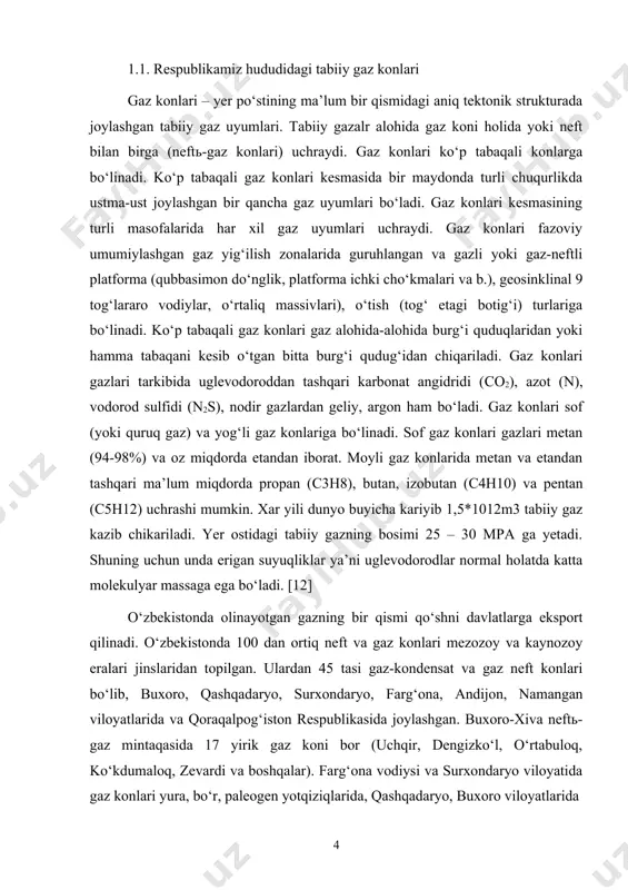 g uchun unda erigan suyuqliklar ya’ni uglevodorodlar normal holatda katta molekulyar massaga ega bо‘ladi. [12] о‘zbekistonda olinayotgan gazning bir qismi qо‘shni davlatlarga eksport qilinadi. о‘zbekistonda 100 dan ortiq neft va gaz konlari mezozoy va kaynozoy eralari jinslaridan topilgan. ulardan 45 tasi gaz-kondensat va gaz neft konlari bо‘lib, buxoro, qashqadaryo, surxondaryo, farg‘ona, andijon, namangan viloyatlarida va qoraqalpog‘iston respublikasida joylashgan. buxoro-xiva neftь-gaz mintaqasida 17 yirik gaz koni bor (uchqir, dengizkо‘l, о‘rtabuloq, kо‘kdumaloq, zevardi va boshqalar). farg‘ona vodiysi va surxondaryo viloyatida gaz konlari yura, bо‘r, paleogen yotqiziqlarida, qashqadaryo, buxoro viloyatlarida yura, bо‘r, qoraqalpog‘iston respublikasida esa faqat yura yotqiziqlari aniqlangan. gaz va neft uyumlari tо‘plangan yotqiziqlarning umumiy qalinligi bir necha 100 m dan 10-12 km gacha. о‘zbekistonda aniqlangan gazning umumiy zaxirasi 5429 mlrd m3, razvedka qilingani esa 489 mlrd m3. gazli va shо‘rtan gaz konlari noyob konlardir. hisor tо‘glarining janubiy-g‘arbida (odamtosh, gumbuloq), surxondaryoda (gajak), ustyurtda (shaxpaxta) katta gaz konlari bor. о‘zbekiston tabiiy gaz, gaz …