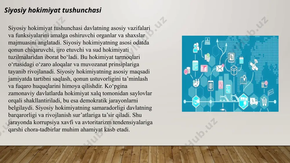 alar (mamlakatning iqtisodiy resurslari va boyligi), ijtimoiy qo'llab-quvvatlash (fuqarolar va jamoatchilik fikri), va harbiy kuch (qurolli kuchlar va xavfsizlik tizimlari) muhim o'rin tutadi. siyosiy barqarorlik va davlat boshqaruvi samaradorligi, ushbu manbalar qancha samarali ishlatilishiga bog'liqdir. 1989-1991-yillarda sobiq sovet ittifoqi qulagandan so'ng, o'zbekiston davlat mustaqillikka erishdi va o'z siyosiy hokimiyat tizimini shakllantirdi. legitimitlikni ta’minlash uchun bir qancha muhim omillar mavjud. eng avvalo, qonuniylik zarur: qonunlarga rioya qilish va adolatli tartiblarni o‘rnatish kuchli davlat boshqaruvini ta’minlaydi. ikkinchidan, iqtisodiy o‘sish va barqarorlik: aholining turmush darajasini oshirish orqali davlatning legitimitligi kuchayadi. uchinchidan, ishtirokning kengayishi: fuqarolarning siyosiy qaror qabul qilish jarayonlarida ishtiroki legitim boshqaruvni qo‘llab-quvvatlaydi. to‘rtinchidan, korrupsiyaga qarshi choralar: korrupsiyani kamaytirish davlatga ishonchni orttiradi. beshinchidan, axborot erkinligi va so‘z erkinligi: ochiq va oshkora axborot almashinuv davlat va jamiyat o‘rtasidagi ishonchni mustahkamlaydi. yakuniy jihat, xilma-xillik va inkluzivlikni qo‘llab-quvvatlash: barcha qatlamlar va guruhlar manfaatlarini e’tiborga olish legitimitlikni oshiradi. ushbu omillar tizimli tarzda amalga oshirilganda davlat boshqaruvi yanada …