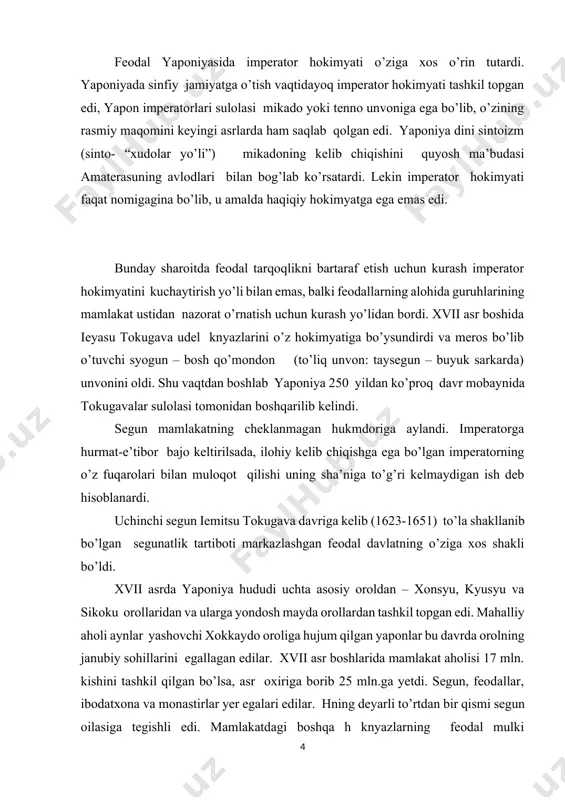 ujum qilgan yaponlar bu davrda orolning janubiy sohillarini egallagan edilar. xvii asr boshlarida mamlakat aholisi 17 mln. kishini tashkil qilgan bo’lsa, asr oxiriga borib 25 mln.ga yetdi. segun, feodallar, ibodatxona va monastirlar yer egalari edilar. hning deyarli to’rtdan bir qismi segun oilasiga tegishli edi. mamlakatdagi boshqa h knyazlarning feodal mulki hisoblanardi. tokugavalar hining uchdan bir qismi ularning vassallari hisoblangan mayda va o’rta feodallarga tegishli edi. dehqonlar ma’lum bir feodal mulkka birkitib qo’yilardi. dehqonlar o’zlari ishlayotgan yerni o’z avlodiga meros sifatida qoldira olardilar va shuning uchun o’z feodaliga katta miqdorda natural obrok to’lardilar. yaponiyaning ba’zi hududlarida barshchina mavjud bo’lsada, u jiddiy iqtisodiy ahamiyatga ega emas edi. tokugavalar davrida hukmron feodallar sinfi bir necha darajaga ajratilgan edi. imperator poytaxti kiotodagi saroy amaldorlari (ayonlari) – kuge alohida guruhni tashkil etardi. rasman kugelar eng imtiyozli mavqega ega edilar, lekin ular o’z yer mulklariga ega emas edilar. imperator kabi ular ham segundan mablag’ olardilar. harbiy …