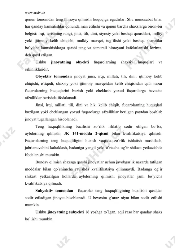 hovchilarning erkiga xilof ravishda g`ayriqonuniy bostirib kirish zo`rlik ishlatib sodir etilgan bo`lsa, aybdor jk 142-moddasi bo`yicha jinoiy javobgarlikka tortiladi. agar g`ayriqonuniy bostirib kirish zo`rlik ishlatilmay sodir etilgan bo`lsa, aybdorning xatti-harakati jinoyat sifatida kvalifikatsiya qilinmaydi. bunday hollarda aybdorning qilmishi jkning sog`liqqa qarshi jinoyatlar uchun javobgarlik nazarda tutilgan moddalari bilan jinoyatlar jami bo`yicha kvalifikatsiya qilinmaydi. biroq, ayblanuvchi tomonidan jabrlanuvchiga og`ir tan jarohati yetkazilgan hollarda, ayblanuvchining harakatlari jino​yatlar majmui tariqasida jk 142 va 104-moddalari bo`yicha kva​lifikatsiya qilinishi lozim. turar joyga unda yashovchilarning erkiga xilof ravishda zo`rlik ishlatib g`ayriqonuniy ravishda bostirib kirish mansab​dor shaxs tomonidan sodir etilsa, uning harakatlari jk 206-moddasi bo`yicha kvalifikatsiya qilinadi va bunday hollarda jk 142-moddasi bo`yicha kvalifikatsiya talab qilinmaydi. turar joyga zo`rlik ishlatib g`ayriqonuniy bostirib kirilgan paytdan boshlab jinoyat tugallangan, deb hisoblanadi. bunda kelib chiqqan oqibatlar ahamiyatga ega emas. subyektiv tomondan jinoyat to`g`ri qasd bilan sodir etiladi. ushbu jinoyatning subyekti 16 yoshga to`lgan, aqli raso, jismoniy shaxs bo`lishi mumkin. turar …