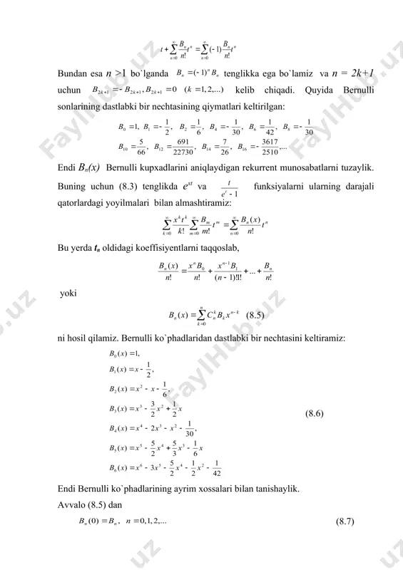 ash uchun b1*(x) ning butun nuqtalarda -1 sakrashga va butun bo`lmagan nuqtalarda esa b1*(x) ning hosilasi 1 ga tengligini e`tiborga olib hamda 0 0) oraliqda т 2 - tartibli uzluksiz hosilaga ega bo`lsin. (8.18) formulaning shu hol uchun mos kelgan ko`rinishini keltiramiz. yangi o`zgaruvchini kiritamiz: х=- а + h , 0 1 va m marta uzluksiz differensiallanuvchi funksiyaga 0 1 uchun (8.18) formulani qo`llaymiz quyidagi munosabatlarni hisobga olib, (8.21) formulada avvalgi o`zgaruvchi va funksiyalarga o`tamiz, u holda 3. eyler-makloren formulasi. oldingi punktdagi (8.22) formulada x = a deb olish, shu bilan birga hamda uning hosilasining davriyligini hisobga olsak, u holda yoki formulaga ega bo`lamiz. eyler-makloren formulasini hosil qilish uchun [a,b] oraliqni qadam bilan n ta qismiy oraliqlarga bo`lamiz va bu qismiy oraliq uchun formulani qo`llaymiz: (8.24) quyidagi belgilashni kiritib (8.24) formulani u bo`yicha 0 dan n - 1 gacha yig`ib chiqamiz: (8.26) bu formula eyler-makloren formulasi deyiladi. odatda eyler-makloren formulasida …