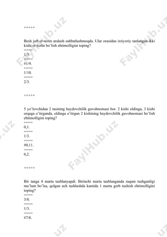 ini toping? ==== #3/8. ==== 1/3. ==== 1/8. ==== 2/9. +++++ n faktorial deganda nimani tushunasiz? ==== ifodani, ==== butun sonni, ==== undov belgisi, ==== #1 dan n gacha bo‘lgan natural sonlarning ketma-ket o‘zaro ko‘paytmasini, +++++ kombinatorika nima? ==== #matematikaning biror qoida bo‘yicha chekli sondagi elementlardan tuzilgan mumkin bo‘lgan barcha kombinaciyalarni hisoblashga doir bo‘limi kombinatorika deyiladi. ==== kombinatorika – bu oddiy hisob. ==== kombinatorika – bu sodda bir bo‘lim. ==== kombinatorika bu amaliy hisob ishlar. +++++ yashikda 1 dan 17 gacha nomerlangan sharlar mavjud. yashikdan tavakkaliga olingan sharning 23 nomerli bo‘lish ehtimoli qanday qiymatga ega bo‘ladi? ==== #0. ==== 0,5. ==== 2. ==== 1. +++++ tanga 5 marta tashlanadi. «gerbli» tomon ikki martadan kam tushish ehtimolini toping. ==== 1/3. ==== #3/36. ==== 1/3. ==== 9/19. +++++ oilada 5 farzand bor. bu bolalar orasidagi ikki o‘g’il bolalar bo‘lish ehtimolini toping. o‘g’il bolalar tug’ilish ehtimolini 0,51 ga teng deb oling. ==== 0,81. …