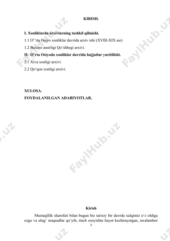 otchida chuqur bilim, maxsus malaka, sabot va matonat talab qiladi. arxiv hujjatlarini jamiyat hayotini o‘rganishda o‘mi beqiyosdir. 0‘rta osiyo xonliklari: buxoro, xiva va qo‘qon xonliklarining davlat arxivi o‘tgan asrda, ya’ni 1865, 1876-yillardan keyin, ya’ni xonliklar rossiya impyeriyasi harbiylari tomonidan bosib olinganidan keyin, rossiyaga olib ketildi hamda muzey va kutubxonalarda saqlandi. ulaming - ijtimoiy-iqtisodiy hayotga oid qismi, 1960-yildan keyin toshkentga 0‘zbekiston markaziy davlat tarix arxiviga qaytarildi. xiva xonligining arxivi va uning materiallari asosida asrimizning 60-yillarida ozmi-ko‘pmi ilmiy ishlar olib borildi. biz bu 0‘rta osiyo xalqlarinigg ijtimoiy-iqtisodiy va siyosiy tarixini o‘rganishda qo‘qon xonligi arxivining ham ahamiyati kattadir. bu muhim arxiv ham o‘z vaqtida (1876-yildan keyin) sankt-peterburgga olib ketilgan va imperator muzeyi (hozirgi sharqshunoslik instituti) sankt-peterburg xalq kutubxonasi fondlarida joylashtirilgan edi. mazkur arxivga tegishli hujjatlar prof. a.l. troitskaya tomonidan o‘rganilib, 1968-yilda “katalog arxiva kokandskix xanov xix veka” nomli ma’lumotnomasi e’lon qilindi. 0‘zbekiston respublikasi markaziy davlat arxivida qo‘qon, xiva xonlari arxivlari, buxoro amrrliginibg qushbegi …