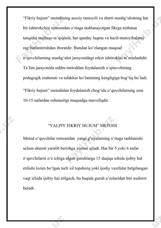 quyidagilardir: — guruhlarning har bir a’zosining faol bo‘lishiga undaydi; — ular tomonidan shaxsiy qarashlarning ifoda etilishini ta’minlaydi; — guruhning boshqa a’zolarining fikrlarini tinglay olish ko‘nikmalarini hosil qiladi; — ilgari surilayotgan bir necha fikrni umumlashtira olish, shuningdek, o‘z fikrini himoya qilishga o‘rgatadi. eng muhimi, mashg‘ulot ishtirokchilarining har bir qisqa vaqt (20 daqiqa) mobaynida ham munozara qatnashchisi, ham tinglovchi, ham ma’ruzachi sifatida faoliyat olib boradi. ushbu metodni 5, 6, 7 va 8 nafar o‘quvchidan iborat bo‘lgan bir necha guruhlarda qo‘llash mumkin. biroq yirik guruhlar o‘rtasida “6x6x6” metodi qo‘llanilganda vaqtni ko‘paytirishga to‘g‘ri keladi. chunki bunday mashg‘ulotlarda munozara uchun ham, axborot berish uchun birmuncha ko‘p vaqt talab etiladi. so‘z yuritilayotgan metod qo‘llanilayotganda mashg‘ulotlarda quruhlar tomonidan bir yoki bir necha mavzuni qilish imkoniyati mavjud. “6x6x6” metodidan ta’lim jarayonida foydalanish o‘qituvchidan faollik, pedagogik mahorat, shuningdek, guruhlarni maqsadga muvofiq shakllantira olish layoqatiga ega bo‘lishni talab etadi. guruhlarning to‘g‘ri shakllantirmasligi topshiriq yoki vazifalarning to‘g‘ri hal etilmasligiga sabab bo‘lishi …