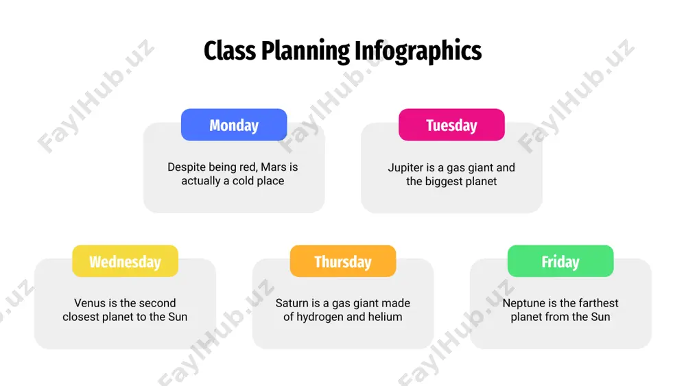 day friday 08:00 - 10:00 math physics chemistry history spanish 10:15 - 11:30 science math economics technology art 11:45 - 13:30 pe technology physics chemistry science 13:35 - 15:00 art pe art math music class planning infographics monday meeting art french music tuesday exam math gym spanish wednesday history exam art economics thursday math gym science music friday meeting english history economics notes jupiter is a gas giant and the biggest of them all class planning infographics monday tuesday wednesday thursday friday 09 am math physics chemistry history spanish 10 am science math economics technology art 12 pm pe technology physics chemistry science 04 pm art pe art math music 06 pm technology music science spanish history 08 pm spanish history spanish pe physics class planning infographics wednesday neptune is the farthest planet from the sun and a gas giant. any "rain" will be practically frozen thursday despite being red, …