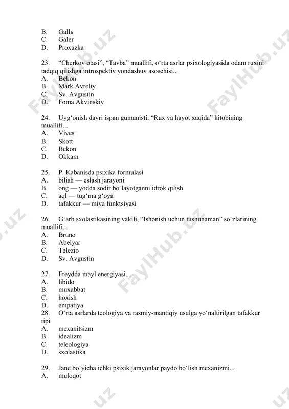 jamiyat evolyutsiyasi d. odamning paydo bo‘lishi va uning ruxining o‘lmasligi 48. xviii asr psixologik bilimlarida tajriba yo‘nalishi a. psixosotsial b. psixofiziologik c. psixogenetik d. psixosomatik 49. odam psixik taraqqiyotini davrlashtirishning original kontseptsiyasini; o‘yinning psixologik nazariyasini, bolalarni o‘qishga o‘rgatish metodikasini ishlab chiqqan psixolog... a. elьkonin b. uznadze c. zaporojets d. leontьev 50. tarkibiga “qo‘zg‘olish, ehtirosni qondirish va tasvirlash” bobini olgan “ritorikalar” asarining (1748) muallifi... a. radiщev b. lomonosov c. kozelьskiy d. postnikov 51. “tarixiy silsila” g‘oyasining muallifi... a. spinoza b. kant c. viko d. gerder 52. “his qildimmi, demak ko‘rsatildim” so‘zlarining muallifi... a. аvitsenna b. r. bekon c. аlь-farabi d. d. skott 53. nemis klassik falsafasining vakili, “men” – faoliyat subʼekti xaqidagi taʼlimot muallifi... a. gegelь b. gerder c. fixte d. shelling 54. “odam – mashina” asarining muallifi a. dekart b. lametri c. gobbs d. kondilьyak 55. neyrofiziologiya va tirik organizmlar harakatini psixik boshqarish sohasida yirik olim, rossiyada biomexanikaning asoschisi; fiziologik …