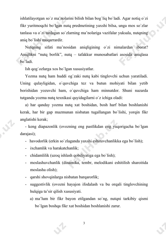 tga chiqmaydi. t a s v i r. nutqda ifodalangan narsa yoki hodisani maxsus til vositalari orqali xarakterlash, uning xususiyatlarini, sifatlarini ko`rsatish usuli tasvir deyiladi. tasvir fikr yuritiladigan yorqin shakllantirish uchun ishlatiladi. hikoya qilish. bo`lib o`tgan va yuz beradigan voqea hodisalarning batafsil so`zlash hikoya qilish hisoblanadi. kichik hajmdagi nasriy asarlar, katta asarlarning ayrim parchalari darsda hikoya qilib beriladi. hikoya qilib berishda voqealar batafsil yoki ma’lum qisqartirishlar bilan bayon etilishi mumkin. adabiyotlar: 1. barkamol avlod orzusi. t., “sharq”, 1999. 2. i.a.karimov. milliy istiqlol mafkurasi – xalq e’tiqodi va buyuk kelajakka ishonchdir. t., “o`zbekiston”, 2000. 3. r.qo`ng`urov va b. nutq madaniyati va uslubiyot asoslari. t., “o`qituvchi”, 1992. 4. a.g`ulomov, b.qobilova. nutq o`stirish mashg`ulotlari. t., “o`qituvchi”, 1995. 5. g`.abduraxmonov, s.mamajonov. o`zbek tili va adabiyoti. t., “o`qituvchi”, 1995. 6. www.ziyonet.uz 1