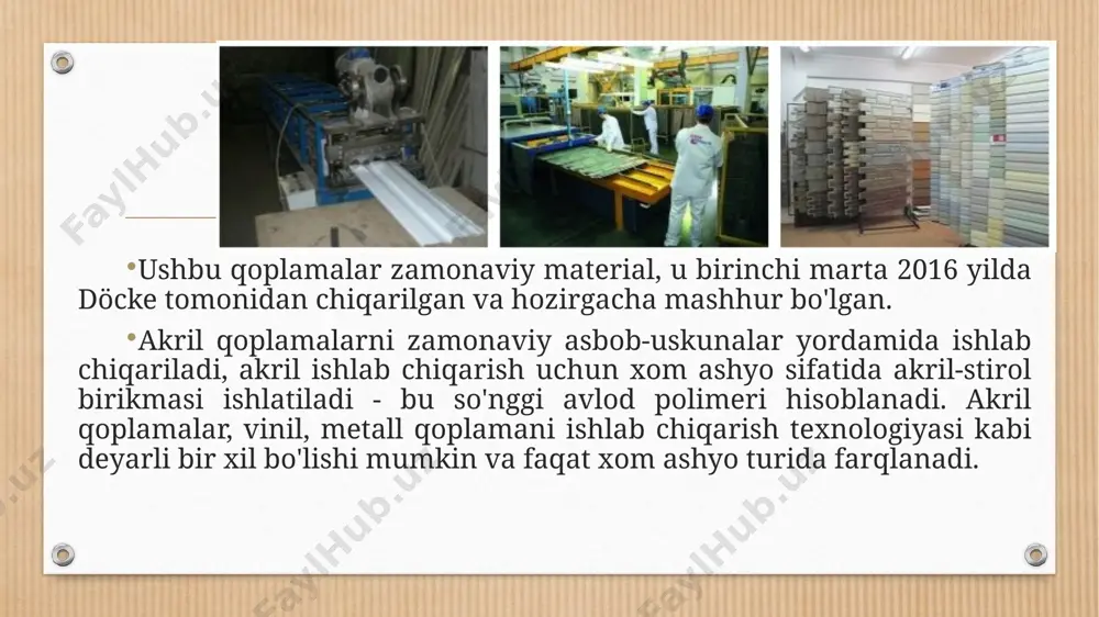 bo'lgan haroratga bardosh bera oladi. rangning turg’unligi. akril qoplama ko'p yillar davomida ajoyib ko'rinishni va rangini saqlab qoladi. yong’inga chidamlilik. akril yong'inga chidamli, yong'in va ochiq olov ta'sirida ham, bu material boshqa materiallardan farqli o'laroq zararli toksik moddalarni deyarli chiqarmaydi. ranglar va dizaynning turli tumanligi. xususan, akril panellar boshqa qurilish materiallarini yog'och, taxta, g’isht, mramor va boshqalarni ham taqlid qilib ishlab chiqariladi . o'rnatish qulayligi. agar siz montaj ustasi bo’lmsangiz ham, o'zingiz montaj qilishga harakat qilishingiz mumkin, har qanday holatda ham, akril qoplamalarni o'rnatish juda qiyin emas. ekologik toza. ushbu material yuqori harorat yoki har qanday kimyoviy reaktivlar ta'sirida ham toksik emas. yong'inga qarshilik. akril qoplama butunlay yong'inga chidamli va hatto to'g'ridan-to'g'ri olov zonasida bo'lsa ham, material yonmaydi. biologik inert. akril panellar kemiruvchilar, hasharotlar va mikroorganizmlar hujumiga chidamli materialdir. bu turar joy, xususiy bino va inshootlar sharoitida muhim hisoblanadi. kamchiliklari ushbu materialning kamchiliklari, ko'plab foydalanuvchilar tomonidan aytilishicha uning narxini qimmatligi. …