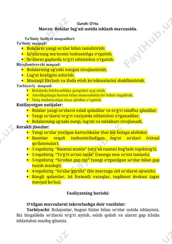 lashtirishni so‘raydi. 1-topshiriq. “so‘zlarni joyiga qo‘y”. (har bir bolaga alohida rasmli va so‘zli kartochkalar tarqatiladi) bolajonlar, sizlarga har xil rasm va yozuvlar berilgan. rasmga mos keladigan so‘zni tanlab, uning ostiga joylashtiring. so‘zlar noto‘g‘ri tanlansa, rasm bilan mos kelmaydi. sizga bu topshiriqni bajarish uchun 5 daqiqa vaqt beriladi. topshiriq tugagach, birgalikda tekshiramiz va kamchiliklarni tuzatamiz. 2-topshiriq. “so‘zga mos rasmni bo‘yash (har bir bolaga bittadan rasmli kartochka beriladi) sizlarga topshiriq beriladi: kartochkada yozilgan so‘zga mos rasmni topib bo‘yaysiz. masalan, agar “qush” deb yozilgan bo‘lsa, qush rasmini bo‘yaysiz. sizga bu ishni bajarish uchun 5 daqiqa vaqt beriladi. so‘ng topshiriqlar birga tahlil qilinadi va kim qanday bajarganini ko‘rib chiqamiz. quvnoq so‘zlar o‘yini: “men aytaman – sen topasan” tarbiyachi so‘z aytadi, bolalar uni harakati yoki rasmini ko‘rsatadilar: olma (bolalar dumaloq qilib ko‘rsatadilar) quyon (quloqlarini ko‘rsatishadi) quyosh (quyoshcha qo‘l bilan) qush (qo‘llarini qanot qilib qoqishadi) savol-javob: bolalar, bugun biz sizlar bilan so‘zlarni o‘rganamiz. diqqat bilan tinglang …