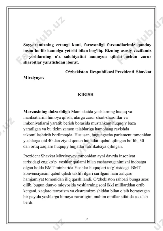ellektual salohiyatli, o‘z qat’iy pozitsiyasiga ega, yurtda amalga oshirilayotgan islohotlarga befarq bo‘lmagan, yurtning ertangi munosib kelajagi uchun daxldorlikka tayyor, maqsadga intiluvchan, serg‘ayrat, vatanparvar, sadoqatli, komil shaxslar sifatida tarbiyalash o‘zbekistonni dunyoning eng rivojlangan davlatlari safidan o‘rin olishining muhim omili ekanini mamlakat rahbari va hukumat yaxshi anglaydi. alohida ta’kidlash joiz, «2017–2021-yillarda o‘zbekiston respublikasini rivojlantirishning beshta ustuvor yo‘nalishi bo‘yicha harakatlar strategiyasi»da ham bu masala alohida o‘z aksini topdi. jumladan, yoshlarning huquqlarini himoya qilishga qaratilgan quyidagi ustuvor vazifalar belgilandi: birinchidan, jismonan sog‘lom, ruhan va aqlan rivojlangan, mustaqil fikrlaydigan, vatanga sodiq, qat’iy hayotiy nuqtayi nazarga ega yoshlarni tarbiyalash, demokratik islohotlarni chuqurlashtirish va fuqarolik jamiyatini rivojlantirish jarayonida ularning ijtimoiy faolligini oshirish; ikkinchidan, o‘rta maxsus, kasb-hunar va oliy ta’lim muassasalari bitiruvchilarini ishga joylashtirish hamda xususiy tadbirkorlik sohasiga jalb etish; uchinchidan, yosh avlodning ijodiy va intellektual salohiyatini qo‘llab-quvvatlash va ro‘yobga chiqarish, bolalar va yoshlar o‘rtasida sog‘lom turmush tarzini shakllantirish, ularni jismoniy tarbiya va sportga keng jalb etish. o‘zbekiston …