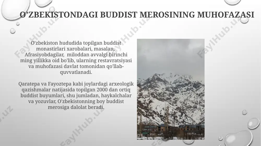 nxretizmning mavjudligini ko'rsatadi. o'zbekistonning janubiy hududlarida topilgan 8-10 asrlarga oid yozuvlarda buddizm va mahalliy animistik e'tiqodlarning birgalikda mavjudligi, 30 dan ortiq ibodatxonalarni o'z ichiga olgan hududlar misolida tasvirlangan. zamonaviy o’zbekistonda buddizmga qiziqish toshkentdagi 20 dan ortiq buddist markazlari va ibodatxonalar soni so'nggi 10 yilda 3 barobar oshdi, bu diniy bag'rikenglikning yuksalishi va osiyo mamlakatlari bilan madaniy aloqalarning kuchayishini ko'rsatadi. o'zbekistonning turli hududlarida, xususan farg'ona vodiysida, 1000 dan ziyod kishi buddist meditatsiya amaliyotlariga muntazam ravishda qatnashmoqda. qadimgi buxoro va buddizm buxoro yaqinidagi topilmalarda 200 dan ortiq buddist monastirlari qoldiqlari aniqlangan bo'lib, ularning me'morchiligi va bezaklari hindiston va xitoy ta'siriga ega edi. 7-asrga oid buxoro shahridagi topilmalarda sanskrit tilidagi buddist matnlari parchalarining mavjudligi, buddizmning markaziy osiyodagi keng tarqalganligini ko'rsatadi. e'tiboringiz uchun rahmat @taqdimot_robot image3.png image4.jpg image5.jpg image6.jpg image7.jpg image8.jpg image9.jpg image10.jpg image11.jpg image12.jpg image13.jpg image14.jpg image1.png