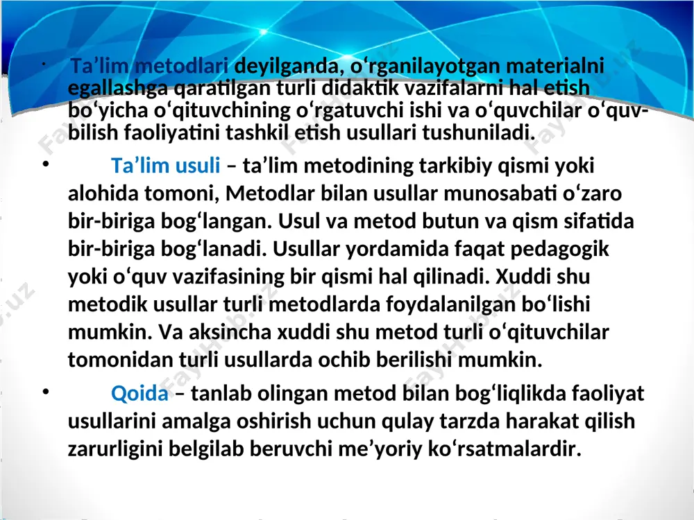 . mashqlar – kasb ta’limning asosiy usulidir. ko‘nikma va malakalarni mustahkamlash va takomillashtirishni ta’minlovchi asosiy shart-sharoitlar 1. ko‘nikma va malakalarning ongli, tushunib turib va mustahkam shakllanishi. 2. o‘zlashtirilgan bilimlarga tayanish. 3. xatolarning oldini olish, o‘z vaqtida tuzatish. noto‘g‘ri ish usullariga qarshi kurash. 4. o‘quvchilarga yagona talablar qo‘yish. 5. topshiriqlarni bosqichma-bosqich murakkablashtirib borish (eng oddiy ish harakatlaridan murakkabroqlariga o‘ta borish). 6. mashqlar uchun ajratilgan vaqtdan to‘g‘ri foydalanish. 7. malakalar tamoman shakllanguncha mashqlarni davom ettirish. 8. o‘quvchilarning e’tiborliligi. 9. mashqlarning sistemali ravishda o‘tkazilishi. amaliy ta’lim metodlari a) laboratoriyadagi amaliy ishlar bu xildagi ishlar turli kasb va ixtisos ishchilarini tayyorlashda tadbiq etilishi mumkin. bunday ishlar ayniqsa energetikalar, ximiklar, nazorat o‘lchash asboblariga xizmat ko‘rsatuvchi va ta’mirlovchi hamda avtomatika va h.k. uchun slesarlar tayyorlashda xosdir. 1. o‘quvchilarni mustaqil ishlatish metodi bilan o‘qitishda, ularning bilib olish qobiliyatini o‘stirishda laboratoriya- amaliy mashg‘ulotlarning ahamiyati g‘oyat katta. 2. topshiriq berishda ayni ishga tegishli umumiy ma’lumotlar, topshiriqni bajarishda ishlatiladigan jihoz …