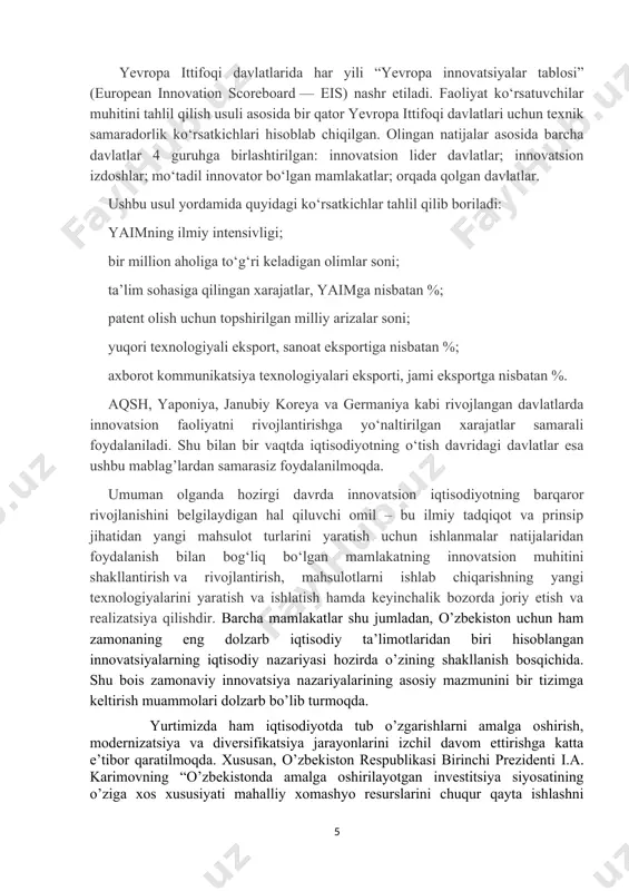 ng sharoitlarini va ta’sirchan mexanizmlarini yaratish, eskirgan tafakkur va ijtimoiy xulq-atvorning andozalarini o’zgartirish respublikada amalga oshirilayotgan islohotlarning asosiy maqsadi va harakatlantiruvchi kuchidir”. innovatsion faoliyat jarayonida ob’yektning o’zgarishi ta’siri ostida sub’yekt ham o’zgaradi, uning amaliy qobiliyati va malakasi chuqurlashadi, fikrlash doirasi kengayadi, ongi va xotirasi boyiydi, dunyoqarashi o’zgaradi. innovatsion amaliy faoliyat nafaqat ob’yektni bilish va o’zgartirish, balki unga yangicha ma’no kiritish, muammolar yechimining yangi yo’nalishlarini vujudga keltirishga imkon beradi. shu nuqtai nazardan innovatsion ong natijasida paydo bo’lgan “quvmasdan o’zib ketish” kabi mutlaqo yangi tushunchalar innovatsion ongga nisbatan yangicha qarashlarning shakllanishiga va sohaga qiziqishning kuchayishiga xizmat qiladi. 2.innovatsion iqtisodiyotning shakllanish va rivojlanish bosqichlari. dunyoda ilmiy-texnik salohiyat tez sur’atlarda rivojlanish bilan bir qatorda ishlab chiqarishning asosiy omillarini intelektualizatsiya qilish o‘sib bormoqda. innovatsiyalarni joriy etish iqtisodiy o‘sishning va bozorning raqobatbardoshligini ta’minlashning muhim omiliga aylandi. bu esa o‘z navbatida, barcha jabhalarda innovatsiyalar sohasidagi ilg‘or ilmiy ishlanmalar va texnik yutuqlardan samarali foydalanishni hamda hozirgi iqtisodiy salohiyatning …