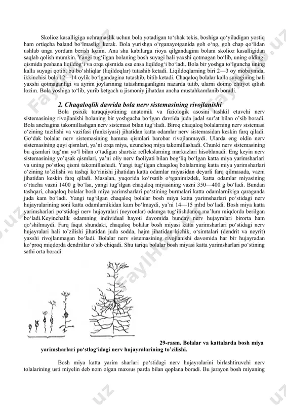 fayli ular skolioz kasalligiga moyilroq bo‘ladilar. skolioz kasalligi bola o‘sib borgan sari uning psixikasiga ham salbiy ta’sirini ko‘rsata boshlaydi. 28-rasm. skolioz kasaliga uchragan bolaning qiyshayib qolgan umurtqa suyagi skolioz kasalligiga uchramaslik uchun bola yotadigan to‘shak tekis, boshiga qo‘yiladigan yostiq ham ortiqcha baland bo‘lmasligi kerak. bola yurishga o‘rganayotganida goh o‘ng, goh chap qo‘lidan ushlab unga yordam berish lozim. ana shu kabilarga rioya qilgandagina bolani skolioz kasalligidan saqlab qolish mumkin. yangi tug‘ilgan bolaning bosh suyagi hali yaxshi qotmagan bo‘lib, uning oldingi qismida peshana liqildog‘i va orqa qis​mida esa ensa liqildog‘i bo‘ladi. bola bir yoshga to‘lguncha uning kalla suyagi qotib, bu bo‘shliqlar (liqildoqlar) tutashib ketadi. liqildoqlarning biri 2—3 oy mobaynida, ikkinchisi bo​la 12—14 oylik bo‘lgandagina tutashib, bitib ketadi. chaqaloq bolalar kalla suyagining hali yaxshi qotmaganligi va ayrim joylarining tutashmaganligini nazarda tutib, ularni doimo ehtiyot qilish lozim. bola yoshiga to‘lib, yurib ketgach u jismoniy ji​hatdan ancha mustahkamlanib boradi. 2. chaqaloqlik davrida bola nerv sistemasining …