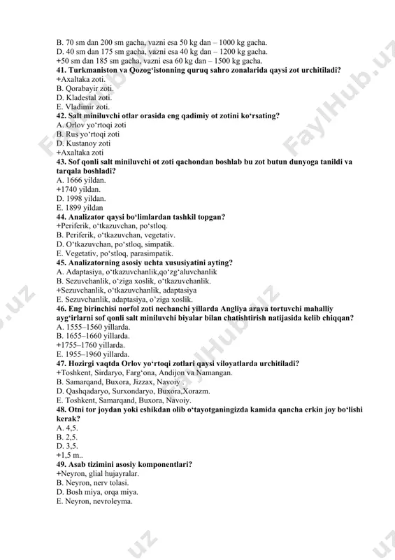 angliya arava tortuvchi mahalliy ayg‘irlarni sof qonli salt miniluvchi biyalar bilan chatishtirish natijasida kelib chiqqan? a. 1555–1560 yillarda. b. 1655–1660 yillarda. +1755–1760 yillarda. e. 1955–1960 yillarda. 47. hozirgi vaqtda orlov yo‘rtoqi zotlari qaysi viloyatlarda urchitiladi? +toshkent, sirdaryo, farg‘ona, andijon va namangan. b. samarqand, buxora, jizzax, navoiy . d. qashqadaryo, surxondaryo, buxora,xorazm. e. toshkent, samarqand, buxora, navoiy. 48. otni tor joydan yoki eshikdan olib o‘tayotganingizda kamida qancha erkin joy bo‘lishi kerak? a. 4,5. b. 2,5. d. 3,5. +1,5 m.. 49. asab tizimini asosiy komponentlari? +neyron, glial hujayralar. b. neyron, nerv tolasi. d. bosh miya, orqa miya. e. neyron, nevroleyma. 50. yaylovning bir chetini to‘rtburchak shaklida chegaralangan joyi, uni to‘sish uchun yog‘ochdan qurilgan oddiy to‘siqlar nima deb yuritiladi? a. maydon. b. manej. d. vivariya. +levada. 51. usti yopiq yoki ochiq, aylana shaklda qurilgan bino nima deyiladi? a. qo‘ton. b. levada. +manej. e. qafas. 52. ixtiyoriy harakat organlariga nimalar kiradi? a. muskullar, paylar, …