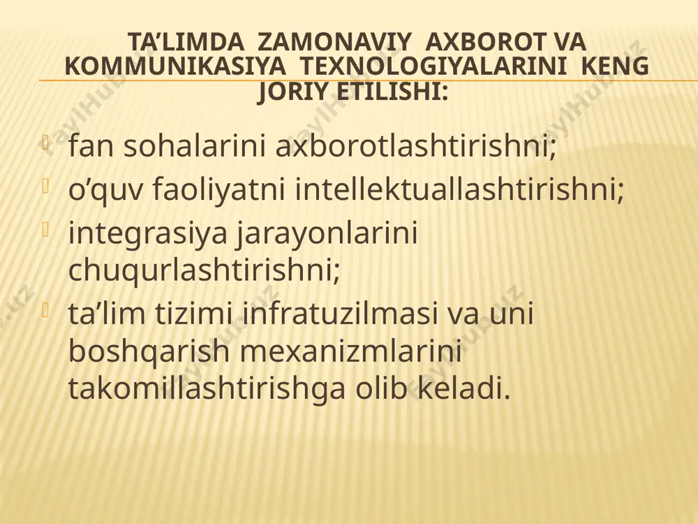 va keng ko’lamli qulay interfeys orqali yetkazish uchun turli axborot resurslarini birlashtiruvchi tarmoq telekommunikasiya tuguni hisoblanadi. bundan kelib chiqib portallarga quyidagi talablarni qo’yish mumkin: ko’p sonli foydalanuvchilarga xizmat ko’rsatishi; axborotlar ko’lamining kengligi; asosiy tarmoq formatlarni qo’llashi; oson va samarali qidirish tizimini joriy etishi; axborot resurslarining integrasiyasi; axborot xavfsizligini ta’minlashi; axborotlarni tabaqalashtirishi; bilimlarni boshqarish-tahlil etishi. texnologik jihatdan axborot-ta’lim portallariga quyidagi talablar qo’yiladi: ilovalarni bajarish; hamkorlikdagi faoliyatni ta’minlash; o’zida mavjud resurslarni boshqarish; foydalanuvchilarni boshqarish; nazorat olib borish; bilimlarni boshqarish; kommunikasiyani ta’minlash; qidiruvni ta’minlash; barcha resurslarni ruxsat etilmagan kirishlardan himoyalashi, ya’ni axborot xavfsizligini ta’minlash; tizimga ruxsat berish, ya’ni qayddan o’tishni tashkil etishi zarur. bugungi kunda internetga joylashtirilgan web - saytlarning quyidagi turlari mavjud: reklama sayti-ixtiyoriy reklama singari internet informasion muxitidagi aniq mahsulot va xizmat yoki brendni reklama qilish uchun xizmat qiladi. katta miqdordagi grafik element va multimedia vositalari (flash) sahifalarida qo’llanilishi bilan farqlanadi. informasion sayt-mijozlarning virtual uyushmasini tuzish to’g’risidagi qarorni qabul qilishda “informasion …