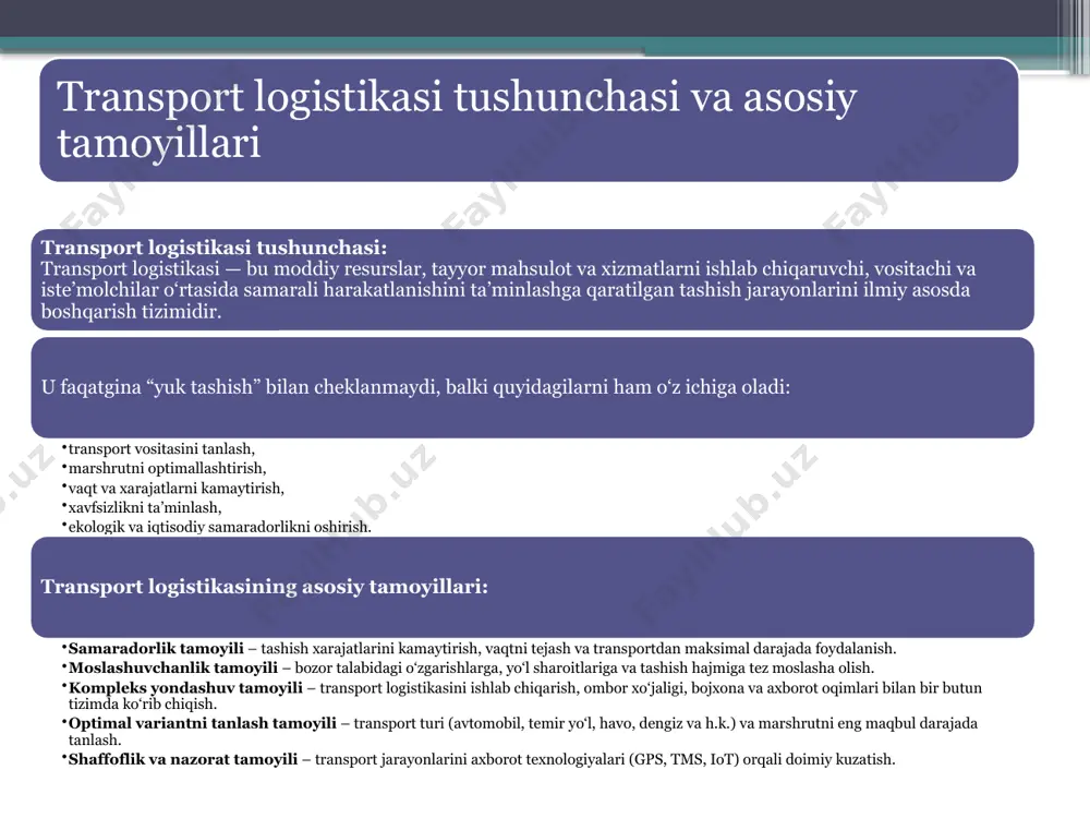 oqilg‘i sarflab tashiydi. xavfsizlik darajasi yuqori – temir yo‘l transportida yo‘l-transport hodisalari kam uchraydi. kamchiliklari: moslashuvchanlikning cheklanganligi – yukni “eshikdan-eshikkacha” emas, faqat stansiyadan stansiyagacha tashiydi, qo‘shimcha transport talab qilinadi. tashish tezligi past – havo transporti yoki ayrim avtomobil tashishlariga nisbatan sekinroq. katta infratuzilma talab qiladi – temir yo‘l liniyalari, stansiyalar va texnik xizmat ko‘rsatish tizimini doimiy saqlash kerak. kapital talabchanlik – yangi yo‘llar qurilishi va texnika yangilanishi katta sarmoya talab qiladi. logistikadagi o‘rni: temir yo‘l transporti massaviy yuk tashishning asosiy vositasi hisoblanadi. u, ayniqsa, sanoat korxonalari, xomashyo bazalari va xalqaro savdoda asosiy transport turi sifatida ishlatiladi. havo transporti logistikasida tashish imkoniyatlari havo transporti – logistika tizimida eng tezkor tashish vositasi hisoblanadi. u asosan tezkor yetkazib berishni talab qiladigan yuklarni tashishda qo‘llaniladi. afzalliklari: eng tezkor transport turi – uzoq masofalarni qisqa vaqt ichida bosib o‘tadi. xalqaro savdoda muhim – mamlakatlar o‘rtasida tezkor yuk tashish imkonini beradi. yuqori qiymatli yuklar uchun qulay …
