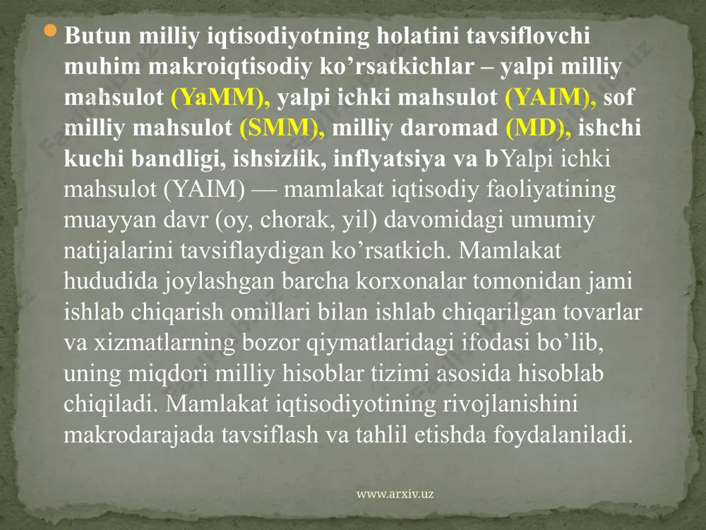 arflarni bildiradi. yaimni daromadlar bo’yicha hisoblashda uy xo’jaliklari, korxona va davlat muassasalarining dastlabki, ya‘ni taqsimlangan daromadlarini mehnat haqi va yalpi foydaga (renta, ssuda foizi va tadbirkorlik foydasi va h.k.) ajratish mumkin. www.arxiv.uz milliy mahsulot hajmini daromadlar summasi bo’yicha hisoblash 1uy xo’jaliklarining iste‘mol sarflari +1daromad bilan bog’liq bo’lmagan sarf va to’lovlar a) amortizatsiyab) egri soliqlar+2tadbirkorlarning investitsion sarflari +2ish haqi+3tovar va xizmatlarning davlat xaridi+3renta to’lovlari+ 4chet elliklarsarfi+4foiz+5notijorat muassasalari sarfi+5foyda+6moddiy aylanma vositalar zaxirasidagi o’zgarishlar yaim www.arxiv.uz яим =яққ ishlab chiqarish usuli. yaim ko‘rsatkichi ishlab chiqarish usuli bilan hisoblanganda, uning xajmi mamlakat iqtisodiy hududidagi barcha rezidentlar tomonidan yaratilgan yalpi qo‘shilgan qiymat (yaqq)lar yiindisiga teng bo‘ladi: yalpi ichki mahsulot ko‘rsatkichini ishlab chiqarish usuli bilan hisoblash uchun, dastlab yalpi ishlab chiqarish ko‘rsatkichi aniqlanishi lozim. mht uslubiyatiga asosan hisobot davrida mamlakat iqtisodiy hududidagi rezidentlar ishlab chiqargan barcha mahsulotlar va ko‘rsatilgan xizmatlarning joriy baholardagi qiymati yig‘indisiga - yalpi ishlab chiqarish deb ataladi. www.arxiv.uz 1993 yildagi mhtning uchinchi xalqaro …