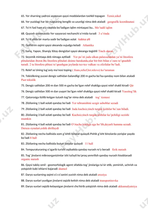 ади 46. m.ulug‘bek davrida qaysi tabbiy fan rivojlandi astronomiya 47. «tabiatshunoslik» fani rivojlanishi 3 bosqichi qaysi davrlarni o‘z ichiga oladi 8-12 asr 48. «tabiatshunoslik» fani rivojlanishining qaysi bosqichda “tabiatni o‘rganuvchilar” atamasi kirib keldi 4 bosqich 15-18 asrlar 49. «tabiatshunoslik» fani rivojlanishining qaysi bosqichida hujayra kashf qilindi 5 bosqich 19 asr 50. biotexnologiya, sinergitika, kibernetika kabi fanlar «tabiatshunoslik» fani rivojlanishining qaysi bosqichiga to‘g‘ri keladi 6 bosqich 51. yer shari o‘z o‘qi atrofida qaysi tomonga aylanadi g’arbdan sharqqa 52. sutka nimaga deb aytiladi yerning o’z o’qi atrofida aylanib chiqish vaqti 53. yer o‘z o‘qi atrofida qancha vaqtda bir marta to‘liq aylanib chiqadi 23 soat 56 minut 4sekund 54. yer aylanishining burchak hisobidagi tezligi bir soat vaqt ichida necha gradusga siljiydi 15 gradus 55. yer sharida qaysi qutiblar bor shimoliy va janubiy 56. meridian chiziqlar deb nimaga aytiladi ikki qutbni birlashtiruvchi chiziqlar 57. yer quyosh atrofida qancha tezlikda aylanadi 930 mln.km 58. yerning …