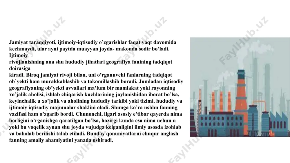 necha metodlardan foydalanishimiz mumkin. tarixiy metod. har bir fanda qo’llanilganligi kabi sanoat va qishloq xo’jalik asoslari fanida ham ishlatiladi. ma’lum bir hududda sanoat tarmoqlarining joylashishi va tarqalishining tarixiy rivojlanishini, qishloq xo’jaligi tarmog’ining tabiiy-geografik sharoit natijasida bunyod etilishi va takomillashishini tarixiy jihatdan o’rganadi. statistik metod. statistika usuli ko’p uchrashib turadigan ko’rsatkichlar: o’sish, ko’payish, foiz, promille, indeks, koeffitsiyent, guruhlash va boshqalar to’g’risida malaka hosil qilishga yordam beradi. shuningdek, bu usul turli xil jadvallar, grafik yoki chizmalar, aholi zichligi, demografik sig’im, o’rtacha masofa kabi ko’rsatkichlarni aniqlashda qo’l keladi. statistik usul tadqiqot doirasidagi barcha ma’lumotlarni turli manbalardan to’plash, ularni umumlashtirish, qayta ishlash va tahlil etish kabi murakkab va mas’uliyatli jarayonlarni o’z qamroviga oladi. taqqoslash metodi. har bir hududning sanoatga yoki ma’lum bir tarmoqlariga aniq baho berishda shu tarmoqning rivojlanganligi va iqtisodiy jihatdan unumdorligini boshqa hudud tarmoqlariga nisbatan solishtirish orqali uning takomillashganini aniqlash mumkin. geografik taqqoslash hamma vaqt hududiy va ikki ko’rinishda bo’ladi: o’xshash va …
