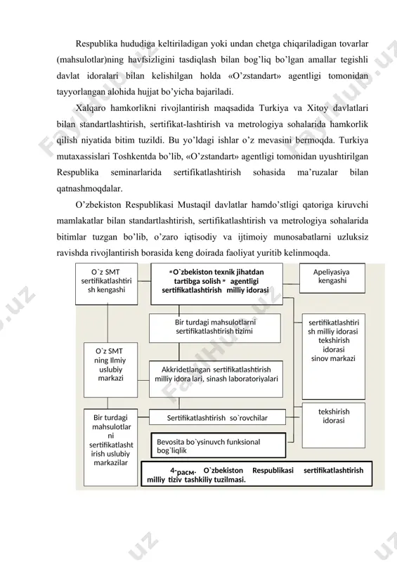 risida o’zbekiston respublikasi vazirlar mahkamasining 1992 yil №93 sonli va 2004 yil 5 avgustda № 373-sonli qarori qabul qilindi va bu qarorga binoan o’zbekiston respublikasi ppezidentining "respublika davlat boshqaruvi organlari tizimini takomillashtirish to’g’pisida" 2003 yil 9 dekabrdagi pf-3358-son fapmonini bajarish yuzasidan hamda standartlashtirish, metrologiya va mahsulotlar hamda xizmatlarni sertifikatlashtirish tizimini yanada takomillashtirish, uning zamonaviy xalqaro normalar va talablarga muvofiqligini ta’minlash, shuningdek xalqaro standartlardan foydalanish asosida mamlakatimizda ishlab chiqarilgan mahsulotlarning raqobatbardoshliligini oshirish maqsadida ushbu qarorni qabul qildi. qarorga binoan o’zbekiston standartlashtirish, metrologiya va sertifikatlashtirish agentligi ("o’zstandart" agentligi)ning tashkiliy tuzilmasi va markaziy boshqaruv apparati belgilangan. “o’zbekiston texnik jixatdan tartibga solish” agentligi sertifikatlashtirish bo’yicha milliy idora bo’lib hisoblanadi. sertifikatlashtirish milliy idorasi – “o’zbekiston texnik jixatdan tartibga solish” agentligi o’zbekiston respublikasining qonun hujjatlariga muvofiq quyidagi vazifalarni amalga oshiradi: -o’z smt ning yagona qoida va tadbirlarini, ularga rioya etilishi ustidan nazoratni, sertifikatlashtirish natijalari bo’yicha hujjatlarni ro’yxatga olishni, respublika va horijiy iste’molchilarni ma’lumot bilan ta’minlashni belgilaydi; …