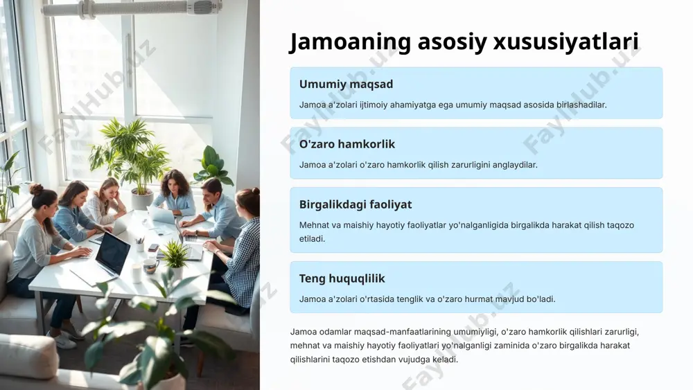 vchilar jamoasining rivojlanish bosqichlari o'quvchilar jamoasi rivojlanishining to'rt bosqichi mavjud. har bir bosqich o'ziga xos xususiyatlarga ega. jamoaning rivojlanishi a'zolarning o'zaro munosabatlari va faoliyatiga bog'liq. am 12 birinchi bosqich: jamoani shakllantirish 1 o'qituvchi rahbarligi o'qituvchi jamoaga talablar qo'yadi va ularni bajarilishini nazorat qiladi. 2 faollarni tanlash jamoaning faol a'zolari aniqlanadi va ularga vazifalar yuklanadi. 3 umumiy maqsad jamoa a'zolari umumiy maqsad atrofida birlasha boshlaydi. 13 ikkinchi bosqich: jamoaning mustaqil faoliyati 1 mustaqil rejalashtirish o'quvchilar jamoaning muhim ishlarini mustaqil rejalashtira boshlaydi. 2 ijodiy hamkorlik jamoa a'zolari orasida ijodiy hamkorlik va o'zaro yordam rivojlanadi. 3 jamoa faolining roli jamoa faoli a'zolar orasida hurmat qozonadi va namuna bo'ladi. 14 uchinchi bosqich: ijtimoiy fikrning shakllanishi jamoa talablari butun jamoa a'zolarga talablar qo'ya boshlaydi. faol ishtirok barcha a'zolar jamoa ishlariga qiziqish bildiradi. ijtimoiy fikr jamoada ijtimoiy fikr shakllanadi va ahamiyat kasb etadi. 15 to'rtinchi bosqich: o'z-o'zini tarbiyalash yuksak axloqiy talablar a'zolar o'zlariga yuksak axloqiy talablar …