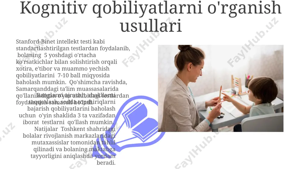 нематик эшитиш даражасини аниқлаш учун 8-10 та суратли карточкалардан фойдаланган ҳолда ўтказиладиган ўйин шаклидаги топшириқлар нутқ ривожланишини баҳолашнинг самарали усули ҳисобланади. maktabga moslashuv ko'nikmalarini tekshirish maktabga moslashuv ko'nikmalarini baholashda 5 yoshli bolalarning 70% dan ortig'i samarqand viloyatida o'tkazilgan tadqiqotlarga ko'ra, mustaqil o'yinlarga bo'lgan qiziqishlarini namoyon qilishadi. andijon shahrida o'tkazilgan eksperimentlarda 20 ta bolaning 15 tasi maktabga kirishdan oldin ijtimoiy munosabatlarni o'rnatish va hamkorlik qilish ko'nikmalarini etarli darajada egallaganligi aniqlangan. o'z-o'zini xizmat qilish ko'nikmalarini tekshirish самарқанддаги психолог мутахассислар томонидан ишлаб чиқилган тест-синовларда болаларнинг 20 дан ортиқ турдаги ўз-ўзига хизмат кўрсатиш кўникмалари, жумладан, гигиена қоидаларига риоя этиши баҳоланади. 5 ёшли болаларнинг кийимларини мустақил кийиш ва ечиш, шунингдек, тугма ва чалқонларни боғлаш кўникмаларини баҳолаш учун тошкент шаҳридаги мактабгача таълим муассасаларида 10 та асосий кўрсаткичдан фойдаланилади. nozik va yalpi motorikani baholash bolalarning qo'l va barmoqlarining nozik harakatlarini baholash uchun, 3 yoshli bolalarga 10 ta kubni minoraga terish topshirig'i beriladi va vaqt, aniqlik va harakatlarning …
