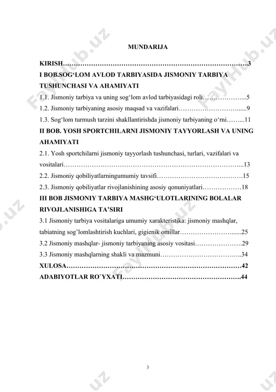 om bo‘lishi ta’lim-tarbiya jarayonining asosiy maqsadlaridan biridir. shu nuqtai nazardan, jismoniy tarbiya sog‘lom avlod tarbiyasining ajralmas qismi hisoblanadi. jismoniy tarbiya tushunchasi jismoniy tarbiya – inson organizmini jismoniy jihatdan rivojlantirish va uning harakat faoliyatini takomillashtirishga qaratilgan pedagogik jarayondir. bu tushuncha faqatgina mashqlar va sport bilan cheklanib qolmay, balki inson hayoti davomida muntazam amalga oshiriladigan jismoniy faoliyatni ham o‘z ichiga oladi[footnoteref:1]. [1: o‘zbekiston respublikasi prezidentining farmoni “sog‘lom avlod uchun” 1993-yil 4-mart.] jismoniy tarbiya quyidagi asosiy yo‘nalishlarni o‘z ichiga oladi: harakat madaniyatini shakllantirish – insonning to‘g‘ri yurishi, yugurishi, harakat muvozanatini saqlashi va boshqa asosiy jismoniy ko‘nikmalarga ega bo‘lishi; organizmni chiniqtirish – badantarbiya va jismoniy mashg‘ulotlar orqali organizmning tashqi muhitga moslashuvchanligini oshirish; jismoniy sifatlarni rivojlantirish – chidamlilik, tezkorlik, kuch, epchillik va moslashuvchanlik kabi sifatlarni takomillashtirish; sog‘lom turmush tarzini shakllantirish – jismoniy faollik, to‘g‘ri ovqatlanish, zararli odatlardan voz kechish va sanitariya-gigiyena qoidalariga rioya qilish. jismoniy tarbiya va sog‘lom avlod tarbiyasidagi o‘rni jismoniy tarbiya bolalar va …