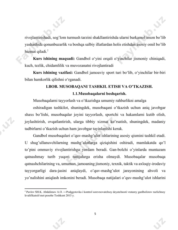 kasi madaniyat va sport ishlari vazirligi barcha idoralar va sport tashkilotlari bilan kelishib, musobaqalarning taqvim rejasini ishlab chiqadi. o’zbekiston respublikasi gandbol federatsiyasining viloyat, o’lka va shahar musobaqalari yig’ma taqvim rejasini yuqori tashkilotlar tomonidan rejalashti-rilgan musobaqalarni hisobga olgan holda tuzishi maqsadga muvofiqdir. zarur o’zgartirishlar kiritilgandan keyin, gandbol bo’yicha umumiy yig’ma reja tegishli jismoniy tarbiya va sport qo’mitalarining ommaviy sport tadbirlari rejasiga kiritiladi hamda barcha sport tashkilotlari uchun majburiy hisoblanadi. 1.2. gandbol o’yin qoidalari va maydon o’lchamlari. gandbol o’yin maydoni (1-rasm) uzunligi 40 metr, eni 20 metrli to’rt burchakdan iborat bo’lib, o’z ichiga ikki darvoza maydoni (qoida 1.4. va 6) oladi. maydonni belgilovchi bo’ylama chiziq, yon chiziq, ko’ndalang chiziq yuza chiziq deb ataladi. o’yin maydonining atrofida yon chiziqdan 1 metr va yuza chiziqda 2 metrli xavfsizlik zonasi joylashgan bo’lishi lozim. o’yin jarayonida maydon u yoki bu jamoaga imtiyoz beruvchi o’zlashtirishlar kiritilishi ma‘n etiladi. gandbol darvoza (2-a va 2-b rasmlar) yuza chiziq o’rtasiga …