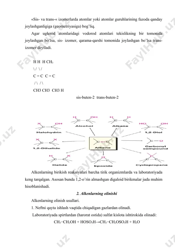 k jarayonlarda juda mashhur, ammo mehanizmi laboratoriyadagi katalitik gidrogenlanish reaksiyasidan butunlay boshqacha. alkenlarning oksidlanishi: epoksidlanish. oksidlanish vaqtida atom bir yoki birqancha elektronini yo’q`otadi. alkenlar laboratoriyada peroksikislota rco3h bilan oksidlanib epoksidlar beradi.epoksid, yoki epoksiran, uch halqali siklik efir hisobalanadi. siklogepten m-hlorperbenzoy kislota 1,2-epoksisiklogeptan m-hlorbenzoy kislota peroksid kislotalar kislorod atomini alkenga sin transfer qiladi. bunda karbonil guruhdan uzoqroqdagi kislorod atomi transfer bo’ladi. alken peroksikislota epoksid kislota alkenlarning oksidlanishi: gidroksillanish. laboratoriya va tirik organizmlarda epoksidlar suv bilan ta'sirlashib 1,2-diollar yoki glikollarni hosil qiladi. odatda har yili, mashinalarda antifriz sifatida ishlatiluvchi etilenglikol yiliga dunyo bo’yicha 18 million tonna ishlab chiqariladi.epoksidning faolligini oshirish uchun u kislota bilan katalizlanadi. demak, alkenlarni epoksidlab, so’ngra gidrolizlanish jarayonida qo’sh bog’ning ikkala atomiga bittadan oh- birikadi va bu jarayon gidroksilanish deb ataladi. alken epoksid 1,2-diol 1) galogenvodorodlarni elektrofil birikishi galogenovodorodni erkin radikal birikishi: ch2 =chch2ch3 + hbr → ch3chch2ch3 │ br buten-1 2 – brombutan (90%) ch2 =chch2ch3 + hbr …