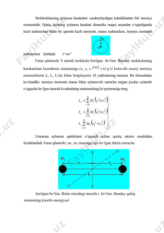 a berilgan bо‘lsin. bunday molekulaning harakatchan koordinata sistemasiga (x, y, z.) tо‘g‘ri keluvchi asosiy inersiya momentlarini ix, iy, iz-lar bilan belgilaymiz mi yadrolarning massasi. bu formuladan kо‘rinadiki, inersiya momenti massa bilan aylanuvchi zarracha turgan joydan aylanish о‘qigacha bо‘lgan masofa kvadratining summasining kо‘paytmasiga teng. umuman aylanma spektrlarni о‘rganish uchun qattiq ratator modelidan foydalaniladi. faraz qilamizki, m1, m2 massaga ega bо‘lgan ikkita zarracha berilgan bо‘lsin. bular orasidagi masofa re bо‘lsin. bunday qattiq rotatorning kinetik energiyasi (1) i-nersiya momenti. agar r1 + r2=re m1 r2=m2r2 bо‘lsa aylanish harakat miqdori momenti j-ma’lum qiymatlar oladi. (2) j-harakat miqdori momenti j- ga aylanish kvant sonlari deyiladi. j =0, 1,2, ... butun qiymatlar oladi. e ayl j energiyasi (3) sm-1 aylanish doimiysi deyiladi. infraqizil yutilish spektri uchun j–aylanma kvant soni (j =(1 (4) qiymat oladi. quyidagi rasmda aylanma energetik holat va ular orasidagi о‘tishlar kо‘rsatilgan. ix=iy=i iz=0 chiziqli molekula ix=iy= iz sferik simmetriyaga ega bо‘lgan molekula ch4 …