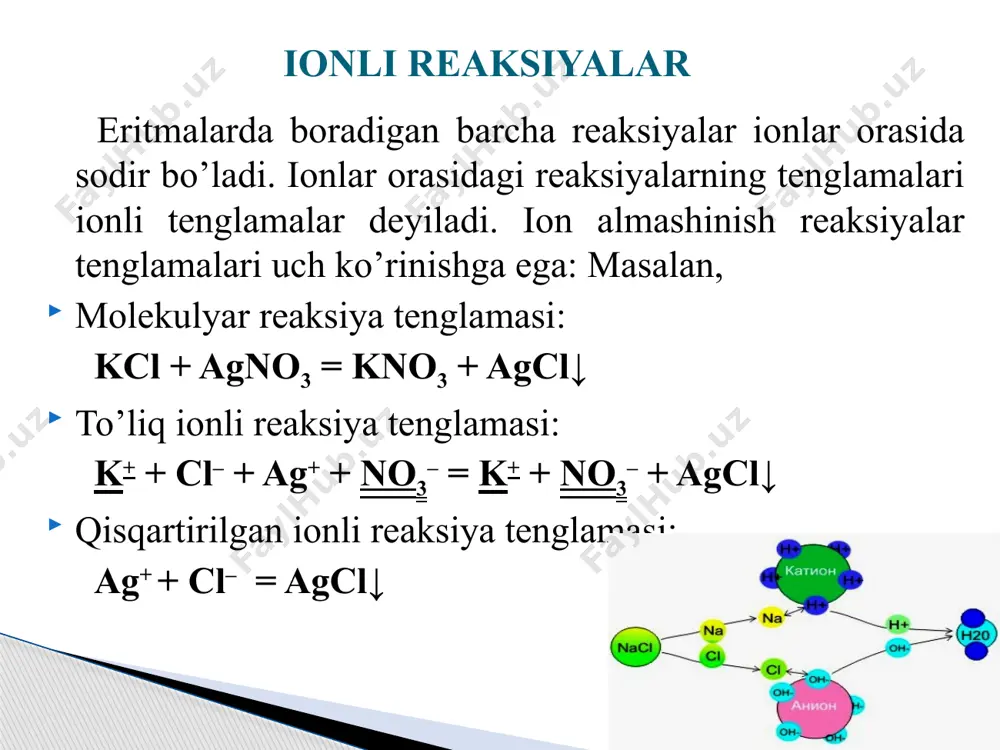 2oh– + h2s↑ s–2 + 2h2o = 2oh– + h2s↑ kuchsiz asos (fe(oh)2, be(oh)2, co(oh)2, cuoh, cd(oh)3, hgoh) va kuchli kislota (hclo4, h2so4, h2s2o7, hno3, hi, hbr, hcl, hmno4, hio4 (h5io6), h2cro4, h2cr2o7, hclo3, hbro3, hio3, h2mno4) dan hosil bo’lgan tuzlar. masalan: cu(no3)2, znbr2, becl2, feso4, cri2 va h.k. bunday tuzlar gidrolizga uchraydi. gidroliz kation (metall ioni) hisobidan boradi. bunday tuzlarning gidroliz reaksiyasi qaytar jarayon bo’lib, oxirigacha bormaydi. muhit kislotali bo’ladi, lakmusni rangini qizil rangga bo’yaydi. feso4 + 2h2o = fe(oh)2 + h2so4 fe+2 + so42– + 2h2o = fe(oh)2↓ + 2h+ + so42– fe+2 + 2h2o = fe(oh)2↓ + 2h+ kuchsiz asos (fe(oh)2, be(oh)2, co(oh)2, cuoh, cd(oh)3, hgoh) va kuchsiz kislota (hf, h2sio3, h3po4, h2co3, h2so3, h2s, hcn, ch3cooh, h2c2o4 va h.k.)dan hosil bo’lgan tuzlar. masalan: feco3, cusio3, cds, be(cn)2 va h.k. bunday tuzlar gidrolizga uchraydi. gidroliz ham kation (metall ioni) hisobidan, ham anion (kislota qoldig’i) hisobidan boradi. bunday …