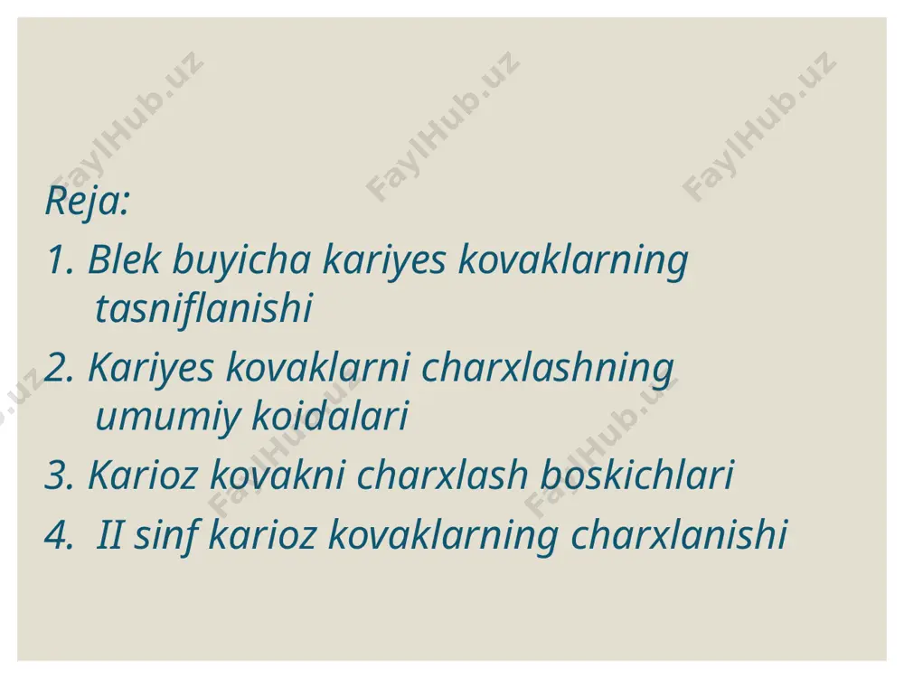 llantiriladi. karioz kovak milk kirgogigacha yetib kelganda, yani butun kontakt yuza zararlanganda kushimcha maydon xosil kilinib, chaynov yuzasiga chikarilgan kova shakllantiriladi. bunda olmosli yeki kattik metalli borlar ishlatiladi. bu sinf kovaklarni charxlashning uziga xosligi kushimcha maydon xosil kilinishidir. kushimcha maydon doimiy plombaning mustaxkamligini oshiradi. ii sinf karioz kovaklarning kurinishi e’tiboringiz uchun rahmat! image2.jpg image3.jpeg image4.gif image5.jpeg image6.jpeg image7.png image8.jpg image9.jpg image10.jpg image11.jpg /docprops/thumbnail.jpeg