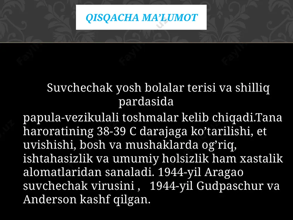 lashadi,yuzaki qobiq hosil qiladi. suvchechak so’lak bilan yo’tal aksa urish pufakchalar suyuqligidan. havo-tomchi yo’li bilan yuqadi va 6-oylikdan 7-yoshgacha bolalarga ta’sir etadi. suvchechak yuqishi homiladorlik davrida kasallangan onadan nogiron bolalar: past bo’yli bolalar kichkina bosh o’lchamli ko’zi nuqsonli bo’lishi intellektual cheklanishlar asorati vaksina orqali 2-marta emlab, 98% oldini olishga erishsa bo’ladi.12-15-oylikda 1-chi marta, keyin 4-yoshdan 6-yoshgacha 2-marta emlanadi. fakt: 1990-yillarning o’rtalarida qarshi vaksina ishlab chiqilgani keskin kamayishiga sabab bo;ldi. oldini olish etiboringiz uchun rahmat !!! image2.gif image3.jpeg image4.jpeg image5.jpeg image6.jpeg image7.jpeg image8.png image9.jpeg image10.jpeg image11.jpeg image12.jpeg image13.jpeg image14.jpeg image15.jpeg