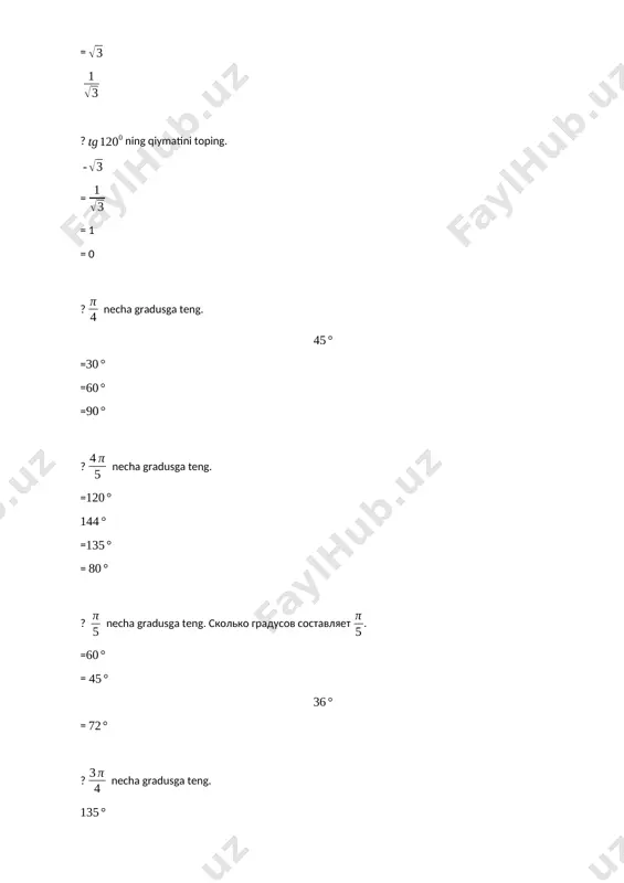 a bo‘lgan ikkita uchburchakka ajratadi. berilgan uchburchakning perimetrini toping =31 =30 34 =36 ?uchburchakning burchaklari nisbati 3:6:9 kabi nisbatda bo‘lsa, uchburchakning katta burchagini toping = = = ?uchburchak ikki burchagi yig‘indisinig sinusi ga teng bo‘lsa, uchinchi burchagining sinusini toping. = = = ?uchburchak ikki burchagi yig‘indisinig sinusi ga teng bo‘lsa, uchinchi burchagining sinusini toping. = = = ?uchburchak ikki burchagi yig‘indisinig sinusi ga teng bo‘lsa, uchinchi burchagining sinusini toping. = = = ?uchburchakning ikkita tashqi burchaklari va ga teng. uning uchinchi tashqi burchagini toping. = = = ?uchburchakning ikkita tashqi burchaklari va ga teng. uning uchinchi tashqi burchagini toping. = = = ?uchburchakning bir kateti 3 ga, gipotenuzasi 5 ga teng uchburchakning ikkinchi katetini toping 4 =10 =23 =12 ?uchburchakning tomonlari 8; 6 va 10 ga teng bo‘lsa, uning katta tomoniga tushirilgan medianasini toping. =7 5 =3 =4 ?uchburchakning burchaklari 1:2:3 kabi nisbatda. uchburchak katta tomonining kichik tomoniga nisbatini toping. …