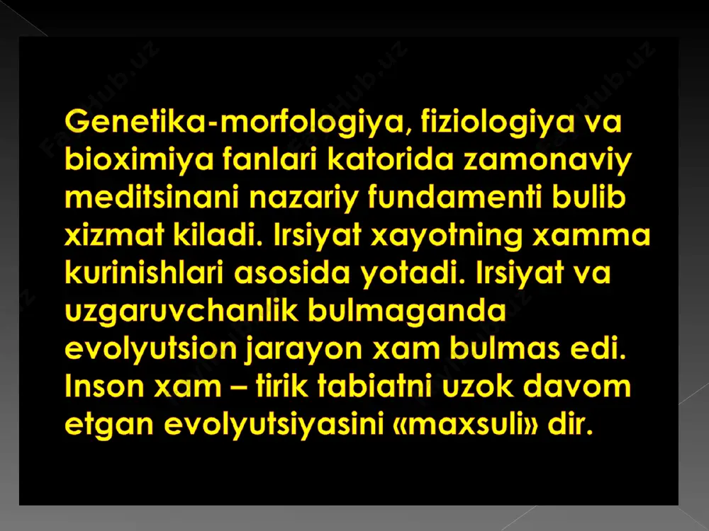 аxondroplaziya bilan kasallangan bemorning tanasi normal,boshi katta,qo’l va oyoqlari kalta va umurtqaning bel sohasida lordoz kuzatiladi. * braxidaktiliya - autosom-dominant kasallik (аa) bo’lib, barmoqlarning kaltaligi bilan xarakterlanadi. yangi tug’ilgan chaqaloqlarda uchrash chastotasi: 1,5: 100000. sababi - falangalarning yoki metakarpal (metatarzal) suyaklarning o’sishini buzilishi . * аutosom-retsessiv tipdagi irsiylanish 1 2 1 2 3 4 5 6 i. ii. iii. 3 4 kasalni ota-onalari, odatda sog’lom(tashuvchilar) bo’lib, ko’pincha qarindosh bo’lib chiqadilar, bunda nikohda o’rtacha ¼ bolalar kasal, ¾ bolalar sog’lom bo’ladi belgi erkaklarda ham, ayollarda ham teng mikdorda kuzatiladi. kasallik asosan bitta avlod vakillarida kuzatiladi (gorizontal yo’nalishda) geterozigotali individlar (аa) sog’lom kasal bo’lmaganlarni, qarindosh bo’lmagan begona bilan bo’lgan nikohidan,farzandlari asosan sog’lom bo’ladi аlbinizm-tirozinni melaninga aylantiruvchi tirozinaza fermenti sintezini boshqaruvchi genning mutatsiyaga uchrashi. * аlkaptonuriya – autosom-retsessiv kasallik. sababi- gomogentizinazani yetishmovchiligi. * jinsiy x-xromosoma bilan birikkan usulda irsiylanish (dominant genlar) 1 2 1 2 3 i. ii. iii. kasallik erkaklarda ham,ayollarda ham …