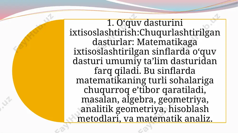 ondashuvlarni o‘rganishga rag‘batlantirish. 6. o‘qituvchilarni malakasini oshirish:seminarlar va kurslar: matematikaga ixtisoslashtirilgan o‘qituvchilar uchun muntazam ravishda seminarlar va malaka oshirish kurslarini tashkil etish. o‘qituvchilarni yangi o‘qitish metodikalaridan, matematik dasturlar va texnologiyalardan xabardor qilish.muvaffaqiyatli pedagoglar bilan tajriba almashish: o‘qituvchilarni boshqa muvaffaqiyatli matematik o‘qituvchilari bilan uchrashuvlar o‘tkazib, tajriba almashish imkoniyatlarini yaratish. xulosa:matematikaga ixtisoslashtirilgan sinflarda o‘qitish jarayoni ilmiy, amaliy va metodik jihatdan chuqur bo‘lishi kerak. o‘quvchilarning matematik bilimlarini rivojlantirish uchun zamonaviy texnologiyalardan, yangi pedagogik yondashuvlardan va amaliy mashg‘ulotlardan foydalanish zarur. bu, o‘quvchilarning matematik tafakkurini rivojlantirishga, ularga muammolarni hal qilish ko‘nikmalarini o‘rgatishga yordam beradi. /docprops/thumbnail.jpeg