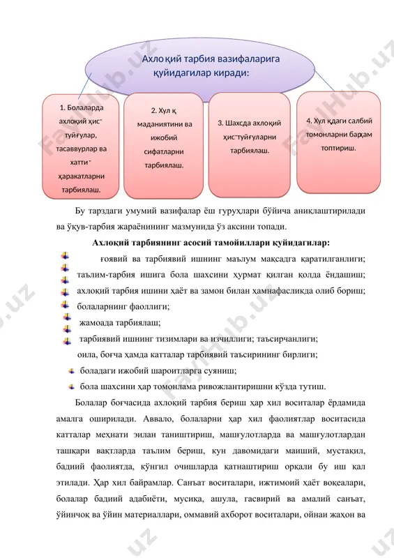 одлар. ҳамма гуруҳ методлари ахлоқий ҳис-туйғулар ва шахсий сифатларни тарбиялашни таъминлайди. шунингдек, кўрсатмали, оғзаки методлар, тушунтиришни кўрсатиш билан қўшиб олиб бориш. тарбиячининг ҳикояси, ўқиб бериш, ахлоқий мавзуларда суҳбатлар (расмга қараб, тажрибага асосланиб, ўқилганлар бўйича), кузатиш, расмларни намойиш қилиш, болалар адабиёти ва ҳаётдаги ижобий мисоллардан фойдаланиш асосида олиб борилади. юқорида келтирилган ҳамма методлар орқали болаларга ахлоқий меъёр ва қоидалар, ижтимоий ҳаёт воқеалари ўргатилади, уларда ахлоқий тасаввур ва тушунчалар шакллантирилади. бу методларга қуйидаги асосий талаблар қўйилади: болаларнинг яхшилик ва ёмонлик тўғрисидаги тасаввурларини эътиборга олиш, ақлий, хулқ-атвор меъёрларини муҳокама қилиш учун махсус яратилган вазиятда болаларнинг ўзларини фаол қатнаштириш, ҳар бир боланинг ҳис-туйғусига эҳтиётлик билан муносабатда бўлиш. болани ноўрин танқид қилиш, унинг устидан кулиш, унга нисбатан эътиборсизлик қилиш ярамайди. ҳамма методлардан маълум изчиллик билан комплекс равишда фойдаланилади. ҳар бир метод ўзига хос бўлиб, маълум вазифани бажаради. буни бир қатор мисоллар орқали кўриб чиқамиз. тушунтириш кўпинча болаларга янги ахлоқий тушунча, меъёр, қоида баён қилиб борилаётганда …