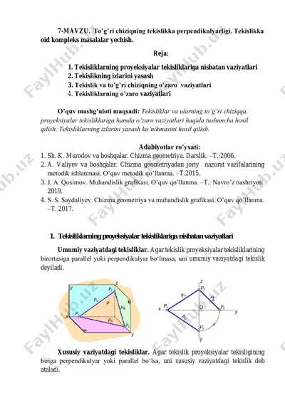 tekisliklarning proyeksiyalar va umumiy vaziyatdagi tekisliklar — PDF