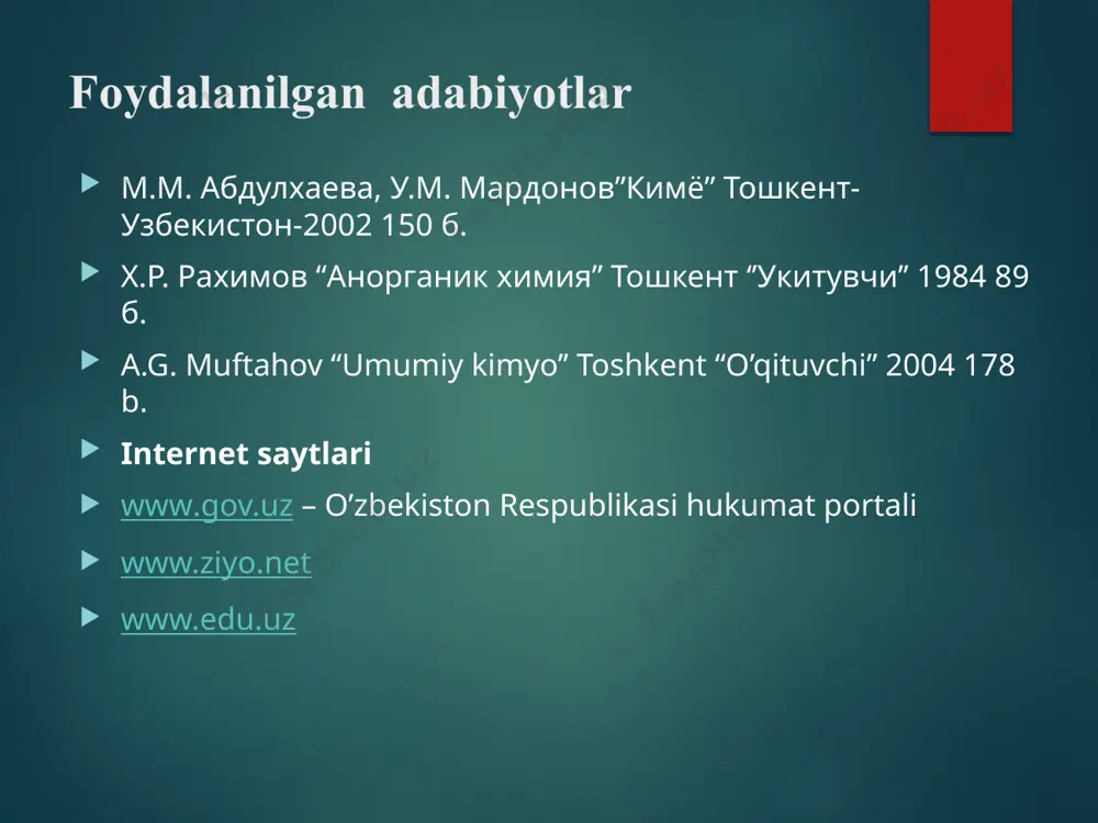 alar uchun reaksiya tezligi reaksiyaga kirishayotgan moddalarning sirtiga to‘g‘ri proporsional. temir bilan oltingugurtning birikish reaksiyasi misolida reaksiya tezligini reaksiyaga kirishuvchi moddalar sirtiga bog‘liq ekanligini ko‘rib chiqamiz. 5. katalizatorning ta’siri. vodorod peroksidning parchalanish reaksiyasini mno2 tezlashtiradi. so3 ni olishda vanadiy (v)-oksid katalizatror sifatida jarayonni tezlashtiradi. kimyoviy reaksiyalarni tezlashtiradigan, ammo o‘zi o‘zgarmay qoladigan moddalar katalizatorlar deyiladi. mavzuni mustahkamlash uchun masalalar: 1.masala. f2  2d 2ed reaksiyada bosim 3 marta oshirildi. yopiq idishdagi bu reaksiyaning tezligi qanday o’zgaradi? 2.masala. temperatura oshirilganda quyidagi sistemalarda muvozanat qaysi tomonga siljiydi: 1) j2 + h2 = 2hj + q; 2) 2hbr = h2 + br2 – q 3.masala. ushbu sistemadabosim oshirilganda muvozanat qaysi tomonga siljiydi? 1) 3h3 + n2 = 2nh3 ; 2) 2no = n2o4? 4.masala. reaksiyaning temperatura koeffitsienti 2 ga teng. . reaksiya tezligini 128 marta oshirish uchun temperaturani necha gradus ko’tarish kerak; 5.masala. reaksiya 300°c da 5 min. davom etadi , 500°c da esa …