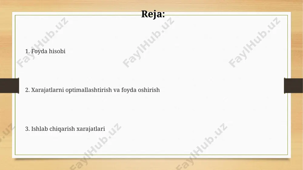 dan yuqori korrelyatsiya koeffitsienti orqali prognozlash mumkin. xarajatlarni abc tahlili yordamida har bir mahsulot turi uchun to'g'ridan-to'g'ri va bilvosita xarajatlarni 80/20 qoidasi asosida ajratish va rentabellikni oshirish mumkin. break-even nuqtasini hisoblash orqali 1000 dona mahsulot sotganda daromad va xarajatlar tenglashishi aniqlanadi va foyda olish uchun kerakli sotish hajmi hisoblab chiqiladi. bilvosita xarajatlar agar ishlab chiqarish hajmi 20% ga oshsa, o'zgaruvchan xarajatlar ham shunga mutanosib ravishda ortadi, biroq o'zgarmas xarajatlar deyarli o'zgarmaydi. ishlab chiqarish xarajatlarining 30%ini xom ashyo va materiallar tashkil etadi, qolgan 70% esa ish haqi, energiya va boshqa operatsion xarajatlarga to'g'ri keladi. mahsulotning sotish narxini aniqlashda o'rtacha o'zgaruvchan xarajatlar 5 so'm, o'zgarmas xarajatlar esa oyiga 10000 so'mni tashkil etadi. foyda hisobi foyda hisobi yakuniy moliyaviy ko'rsatkich sifatida, foyda marjasini (masalan, 40%) va rentabellikni (masalan, 20%) aniqlash imkonini beradi, bu esa biznesning samaradorligini baholashga yordam beradi. foyda hisobi, yalpi daromad va umumiy xarajatlar o'rtasidagi farqni aniqlash uchun ishlatiladi, bu yerda …