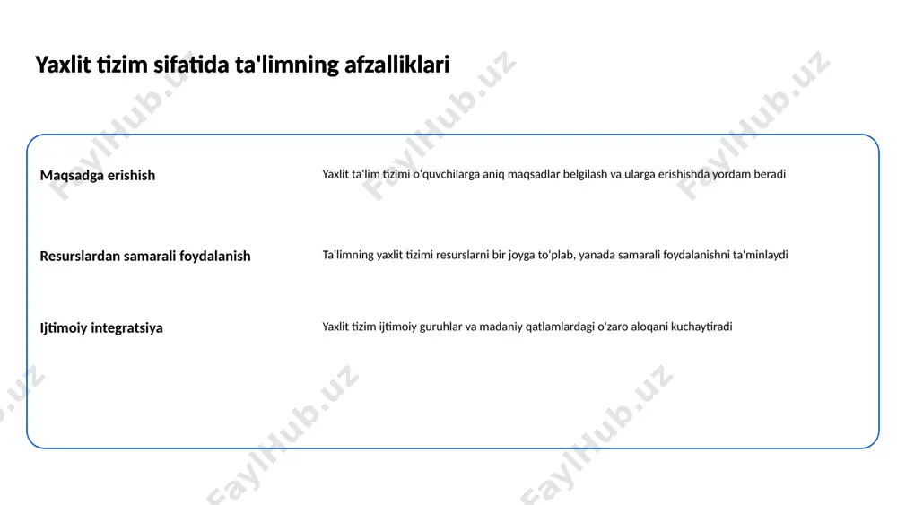 g o'ziga xos xususiyatlarini inobatga olish o'qitish samaradorligini oshiradi o'qitish metodlarini takomillashtirish yo'llari amaliy mashg'ulotlar nazariy bilimlarni amaliy mashg'ulotlar bilan boyitish talabalarning ko'nikmalarini rivojlantiradi o'qitish metodlarini takomillashtirish yo'llari texnologiyalarni qo'llash zamonaviy texnologiyalar yordamida o'qitish jarayonini shakllantirish qiziqarli va samarali bo'ladi o'quvchilarni rag'batlantirish usullari maqsadlarni belgilash o'quvchilarga o'z maqsadlarini belgilashda yordam berish o'zlariga bo'lgan ishonchni oshiradi va rag'batlantiradi o'quvchilarni rag'batlantirish usullari musobaqalar o'tkazish maqsadli musobaqalar tashkil etish o'quvchilarning raqobat ruhini rivojlantirib, o'zaro hamkorlikni ta'minlaydi o'quvchilarni rag'batlantirish usullari tabriklash va mukofotlar o'quvchilarning muvaffaqiyatlarini tan olish va mukofotlash ularning motivatsiyasini yanada oshirishga yordam beradi o'quvchilarni rag'batlantirish usullari o'quvchilar bilan shaxsiy munosabat o'quvchilar bilan shaxsiy aloqalar o'rnatish ularga qo'llab-quvvatlash va motivatsiya beradi talim tizimidagi muammolarni tahlil qilish infrastrukturadagi muammolar ta'lim muassasalarining infratuzilmasi ko'plab joylarda kamchiliklarga ega bo'lib, o'quv jarayonini qiyinlashtiradi talim tizimidagi muammolarni tahlil qilish o'qituvchilarni tayyorlash o'qituvchilarni tayyorlash jarayoni zamonaviy talablar va metodikalar bilan yetarlicha mos kelmaydi talim tizimidagi muammolarni tahlil qilish nashr …